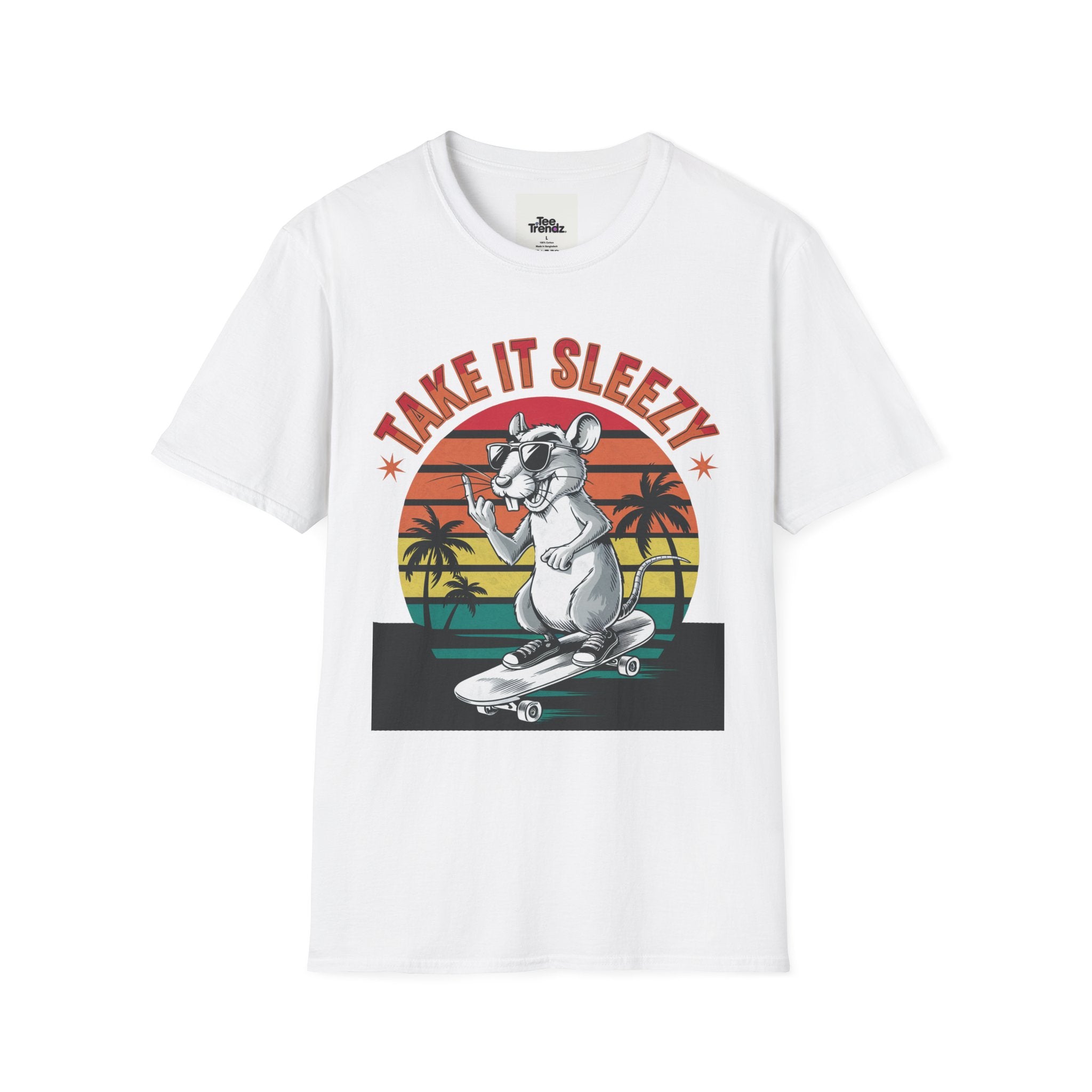 Take It Sleazy Skateboard Rat T-Shirt — Retro Sunset Beach Graphic Tee