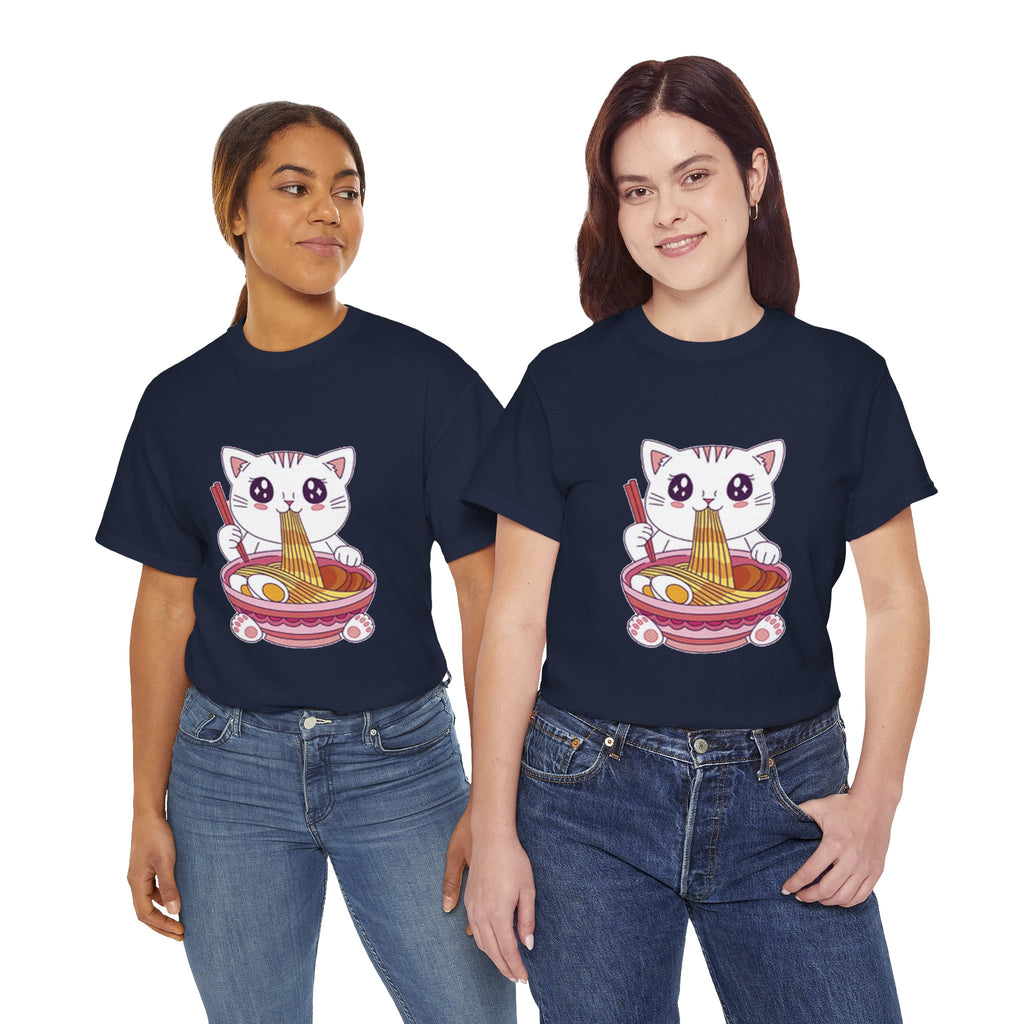 Cute Cat Ramen Tee – Kawaii Kitty Eating Noodles Graphic Shirt