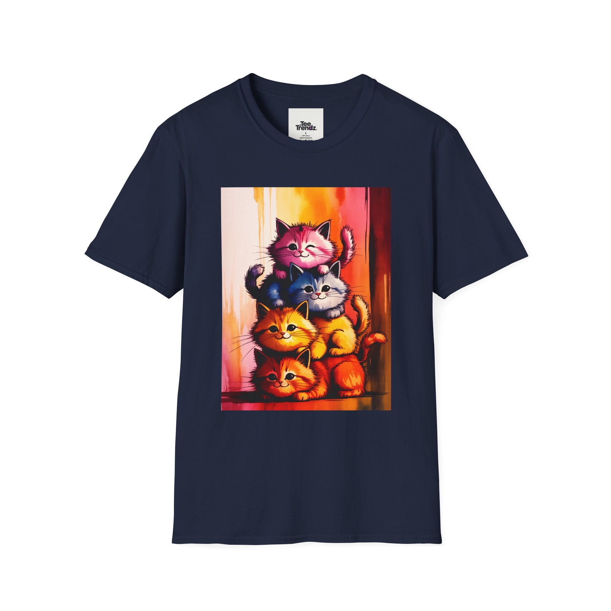 Colorful Stacked Cats T-Shirt — Playful Cute Cat Art Tee