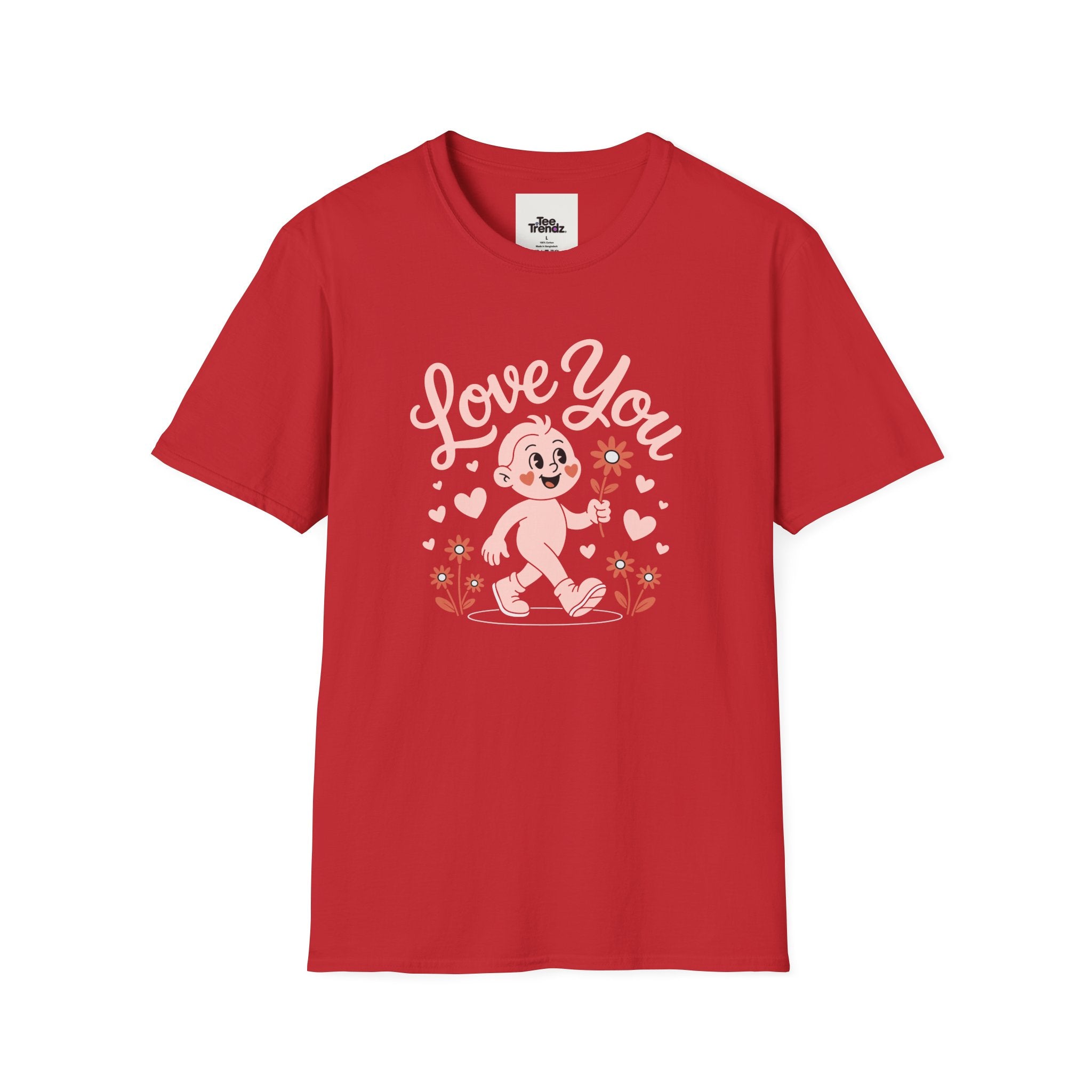 Love You Cute Character T-Shirt — Retro Pink Heart Cartoon Graphic Tee for Valentine’s Day
