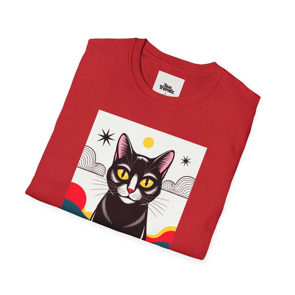 Black Cat Graphic T-Shirt — Retro Sunset Cat Illustration