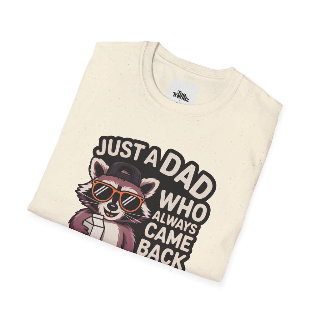 Dad T-Shirt — “Just a Dad Who Always Came Back With the Milk” Vintage Raccoon Design