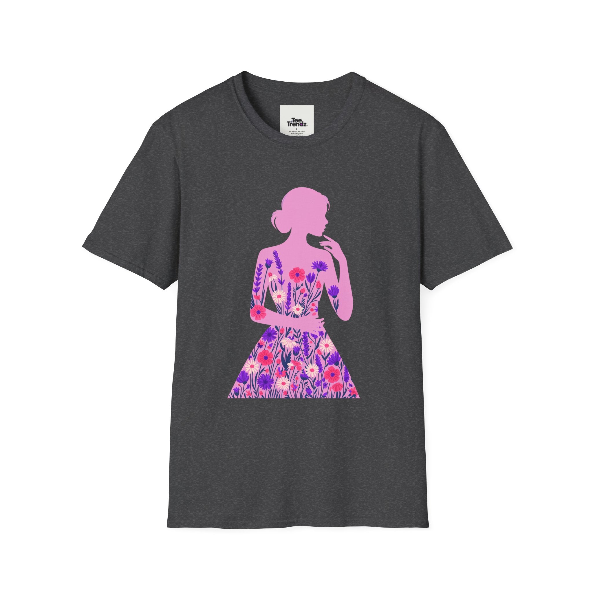 Floral Silhouette Tee — Pink Woman Dress Flower Graphic T-Shirt