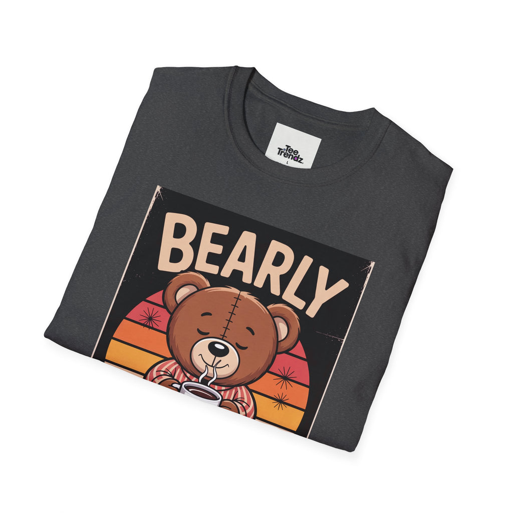 Bearly Awake T‑Shirt — Cute Coffee Bear Vintage Sunset Tee