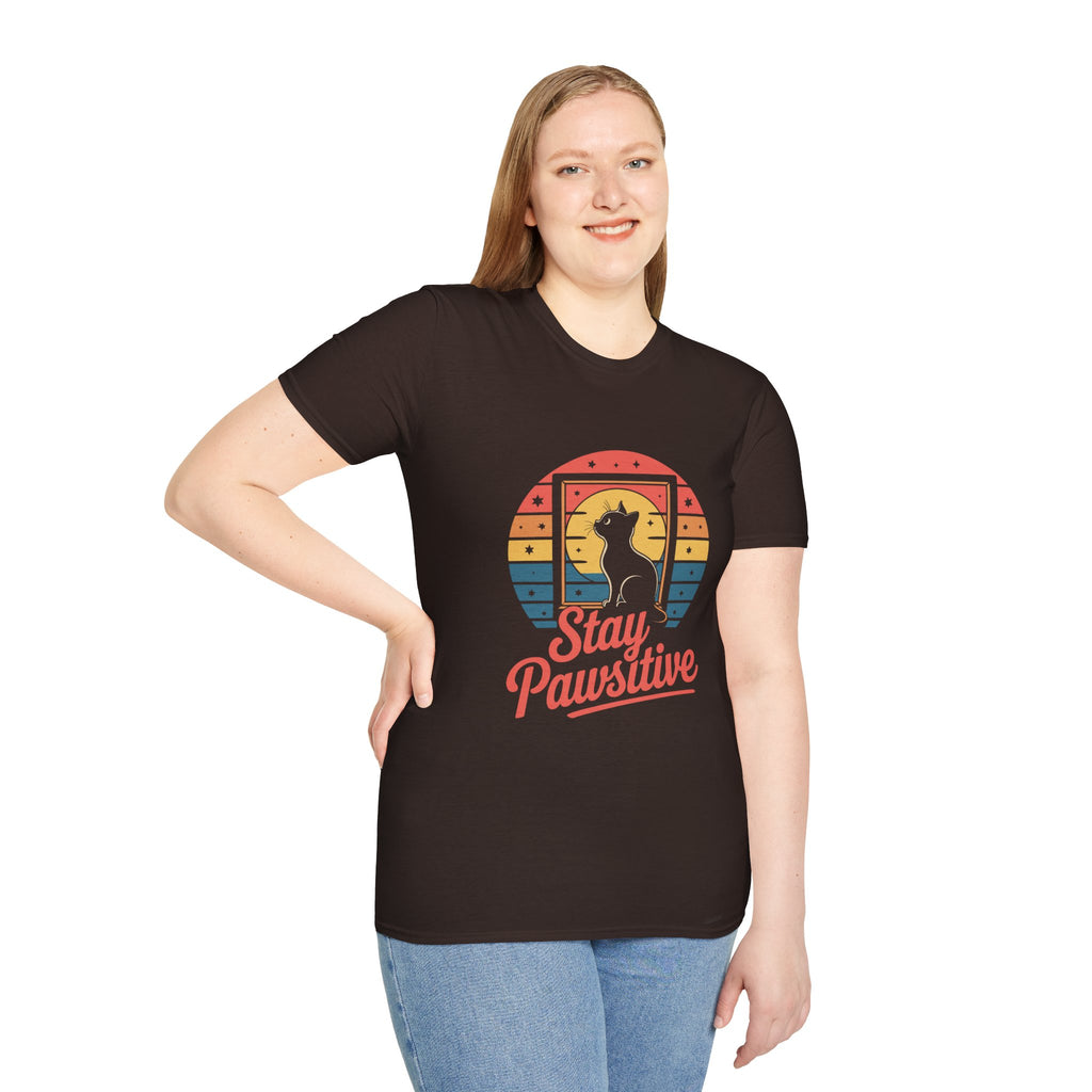 Stay Pawsitive Cat T-Shirt — Retro Rainbow Cat Graphic Tee