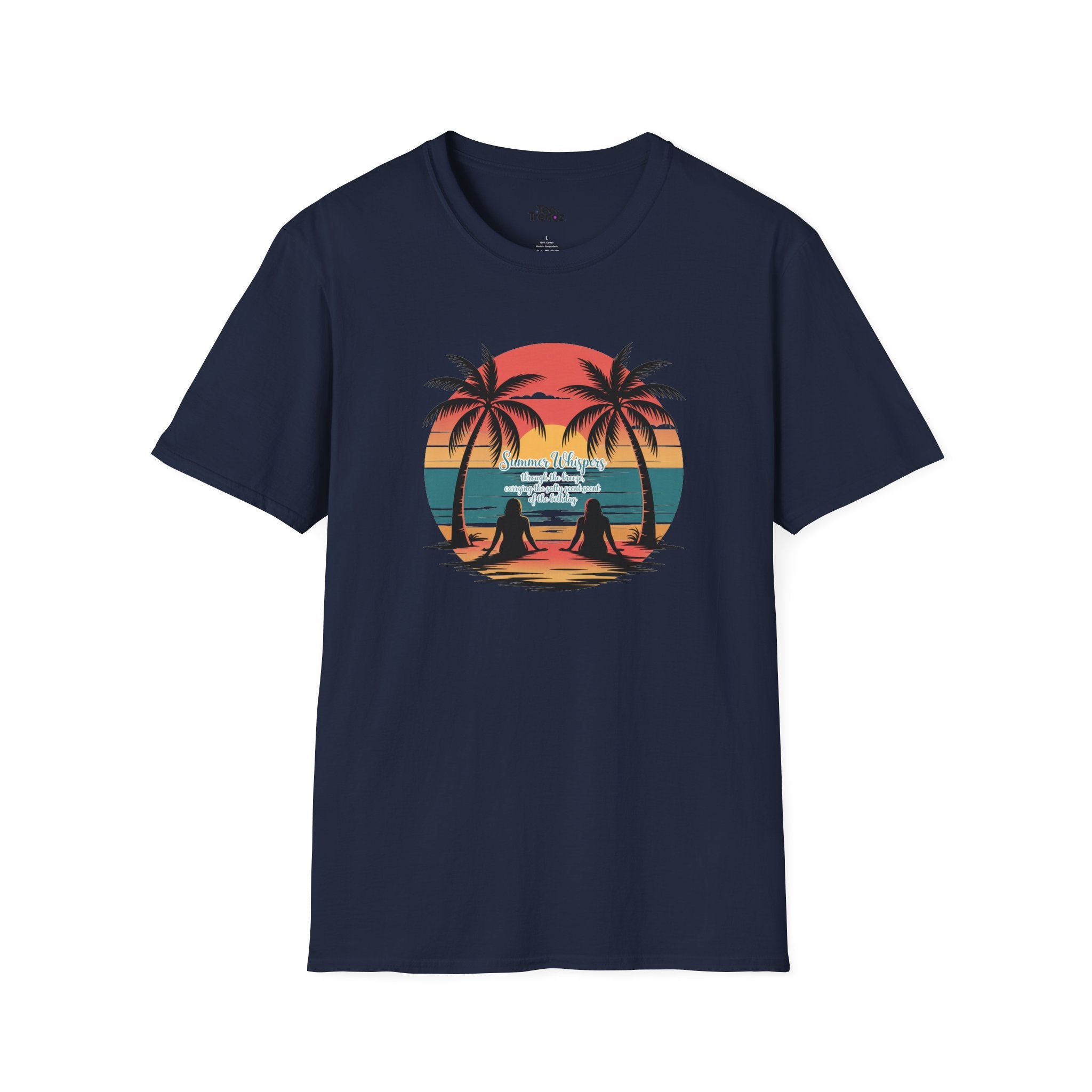 Beach Sunset T-Shirt — Couples Silhouette Palm Tree Graphic Tee (Vintage Rainbow Stripes)