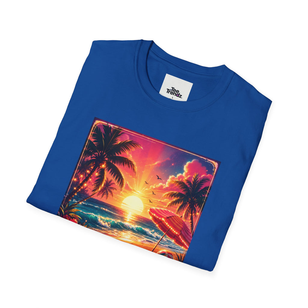 Summer Never Ends T-Shirt — Retro Tropical Sunset Beach Tee