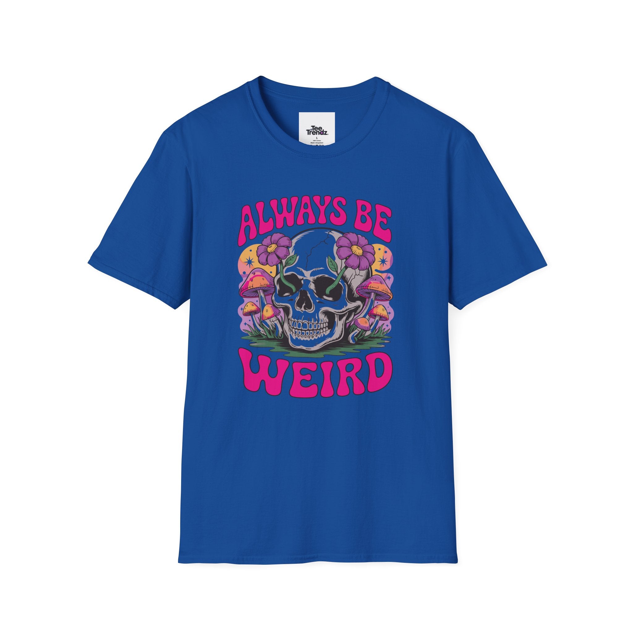 Skull & Mushrooms T-Shirt — "Always Be Weird" Retro Graphic Tee