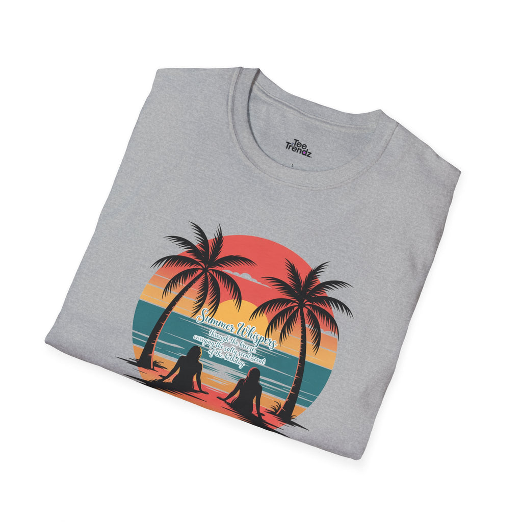 Beach Sunset T-Shirt — Couples Silhouette Palm Tree Graphic Tee (Vintage Rainbow Stripes)
