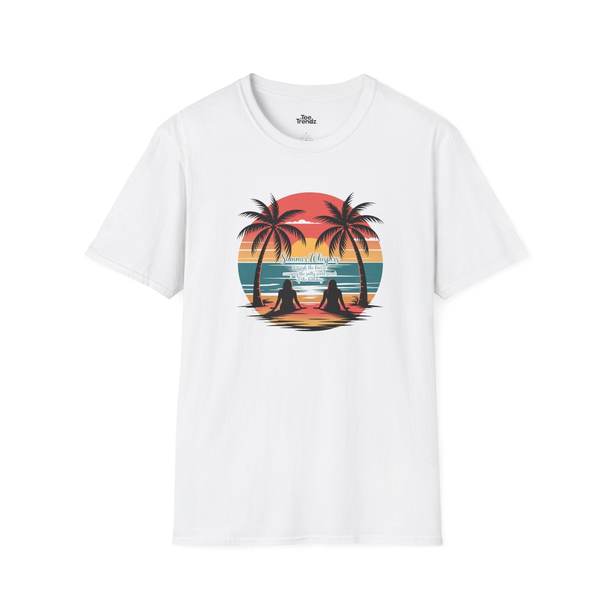 Beach Sunset T-Shirt — Couples Silhouette Palm Tree Graphic Tee (Vintage Rainbow Stripes)
