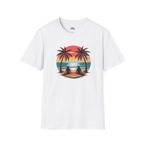 Beach Sunset T-Shirt — Couples Silhouette Palm Tree Graphic Tee (Vintage Rainbow Stripes)