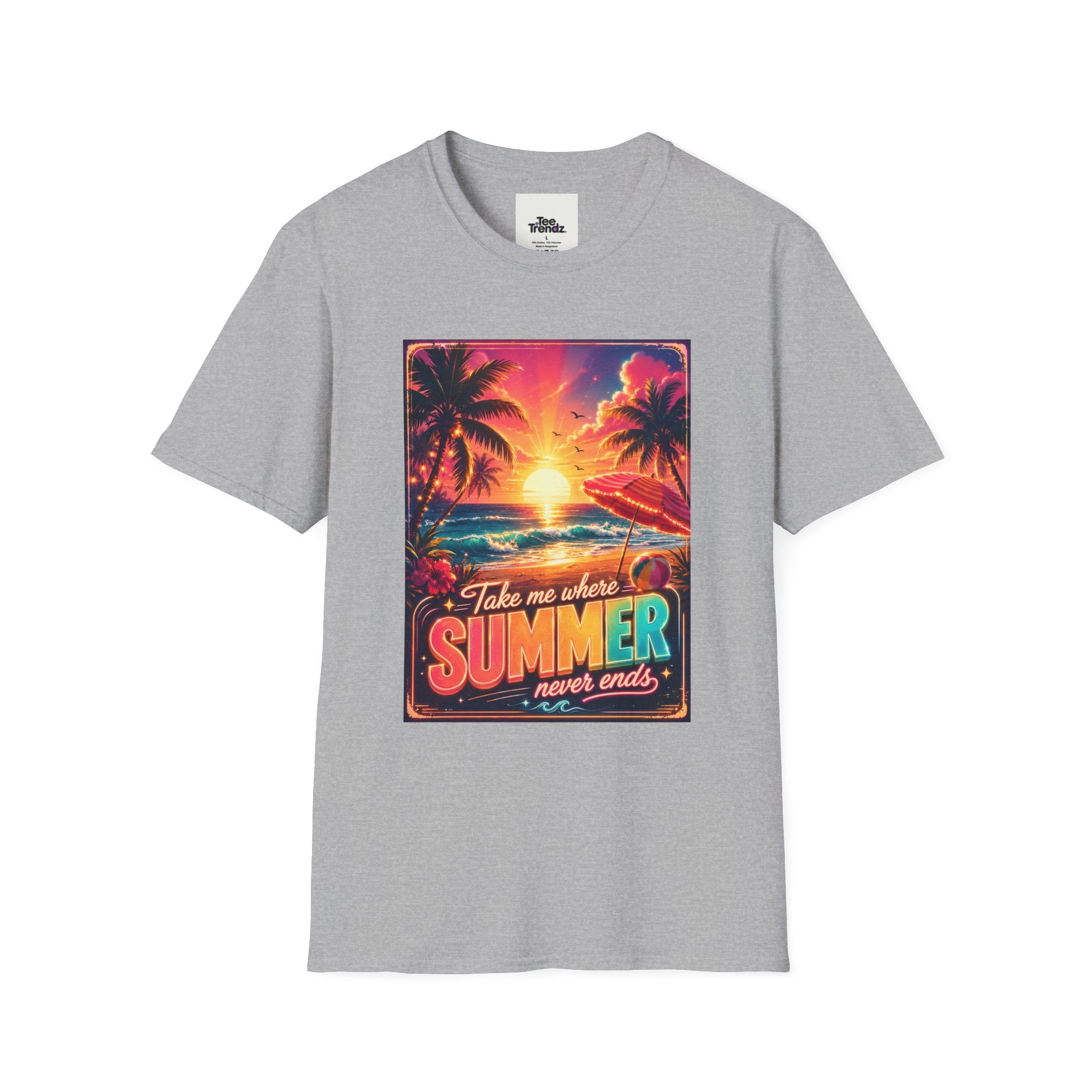 Summer Never Ends T-Shirt — Retro Tropical Sunset Beach Tee