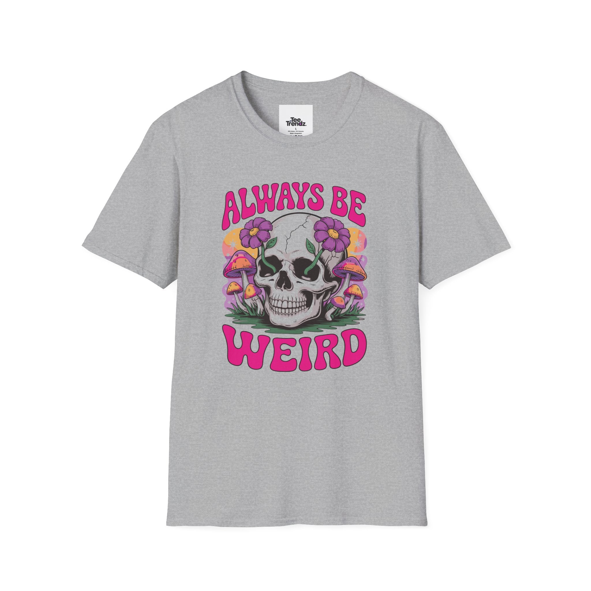 Skull & Mushrooms T-Shirt — "Always Be Weird" Retro Graphic Tee