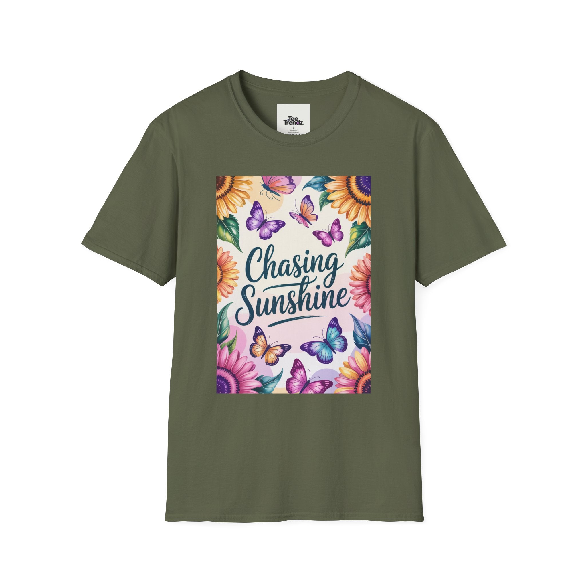 Chasing Sunshine T-Shirt — Floral Sunflower & Butterfly Graphic Tee