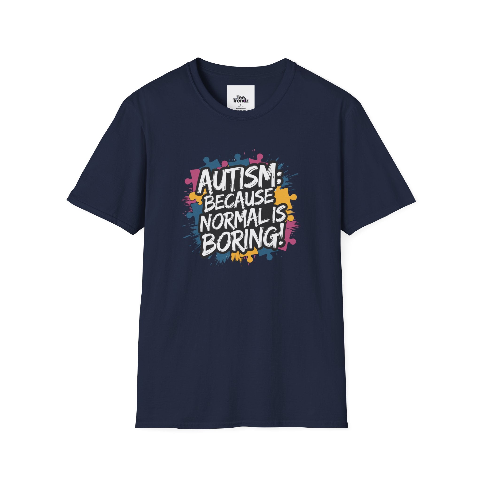 Autism Because Normal Is Boring T-Shirt — Colorful Puzzle Piece Awareness Tee