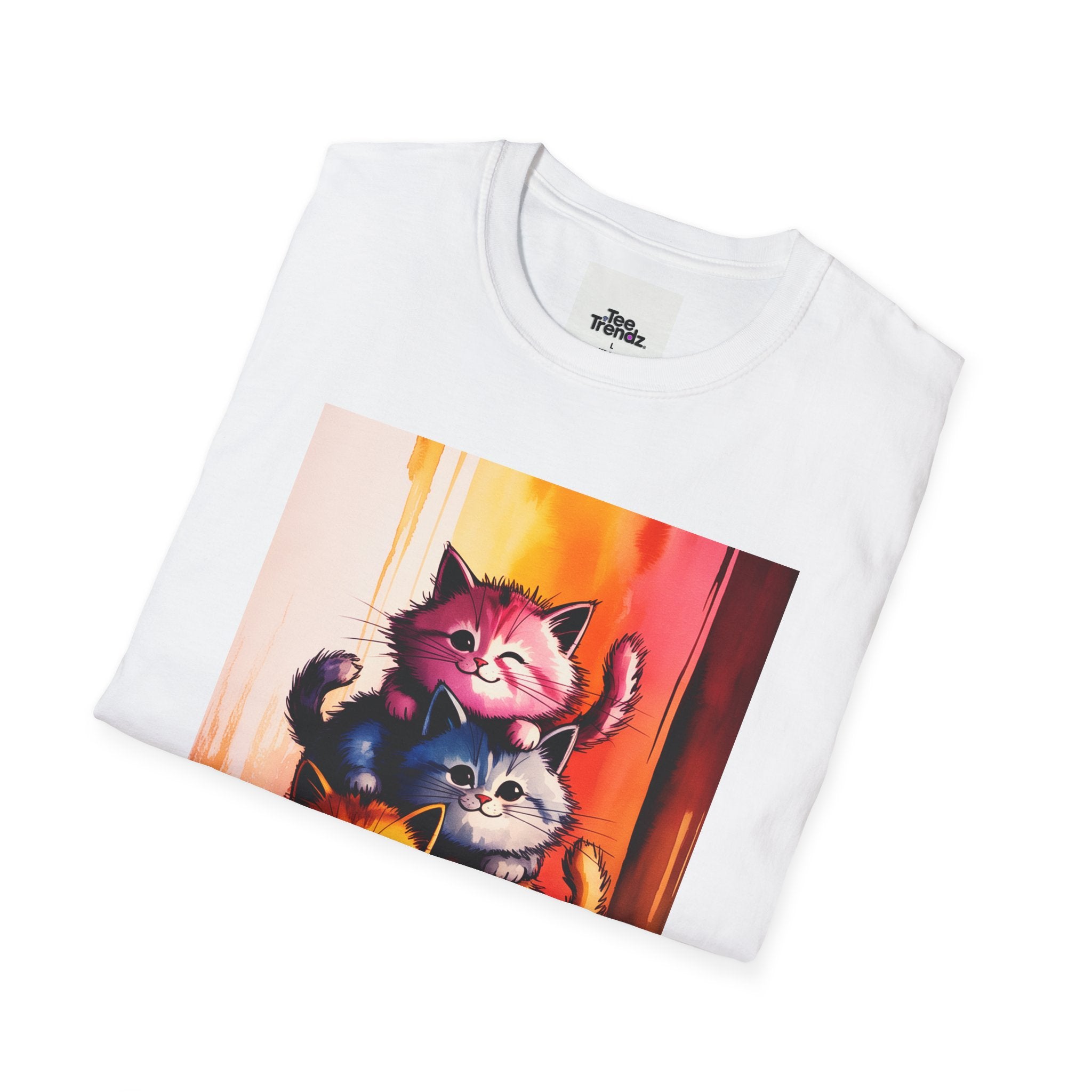 Colorful Stacked Cats T-Shirt — Playful Cute Cat Art Tee