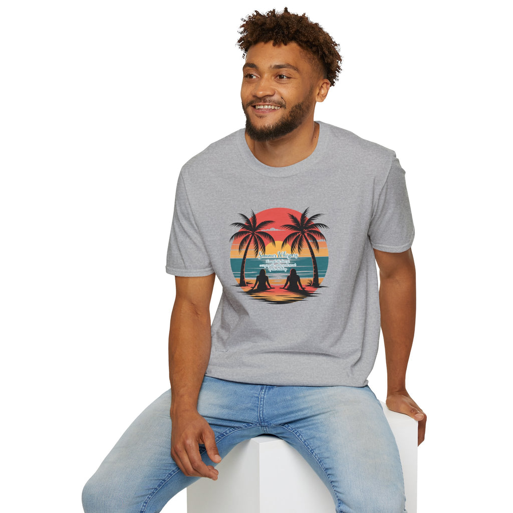 Beach Sunset T-Shirt — Couples Silhouette Palm Tree Graphic Tee (Vintage Rainbow Stripes)