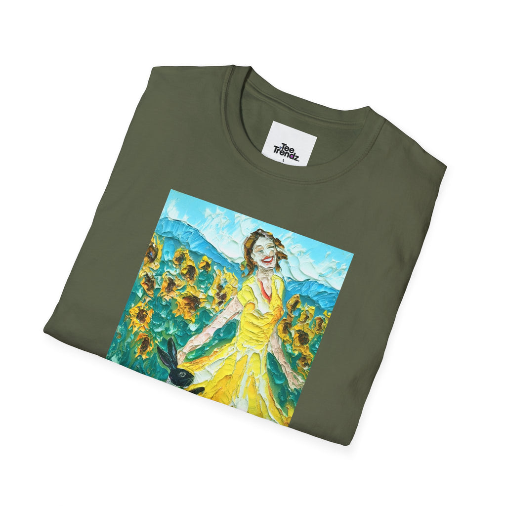 Sunflower Field Dress T-Shirt — Whimsical Girl & Dog Art Tee