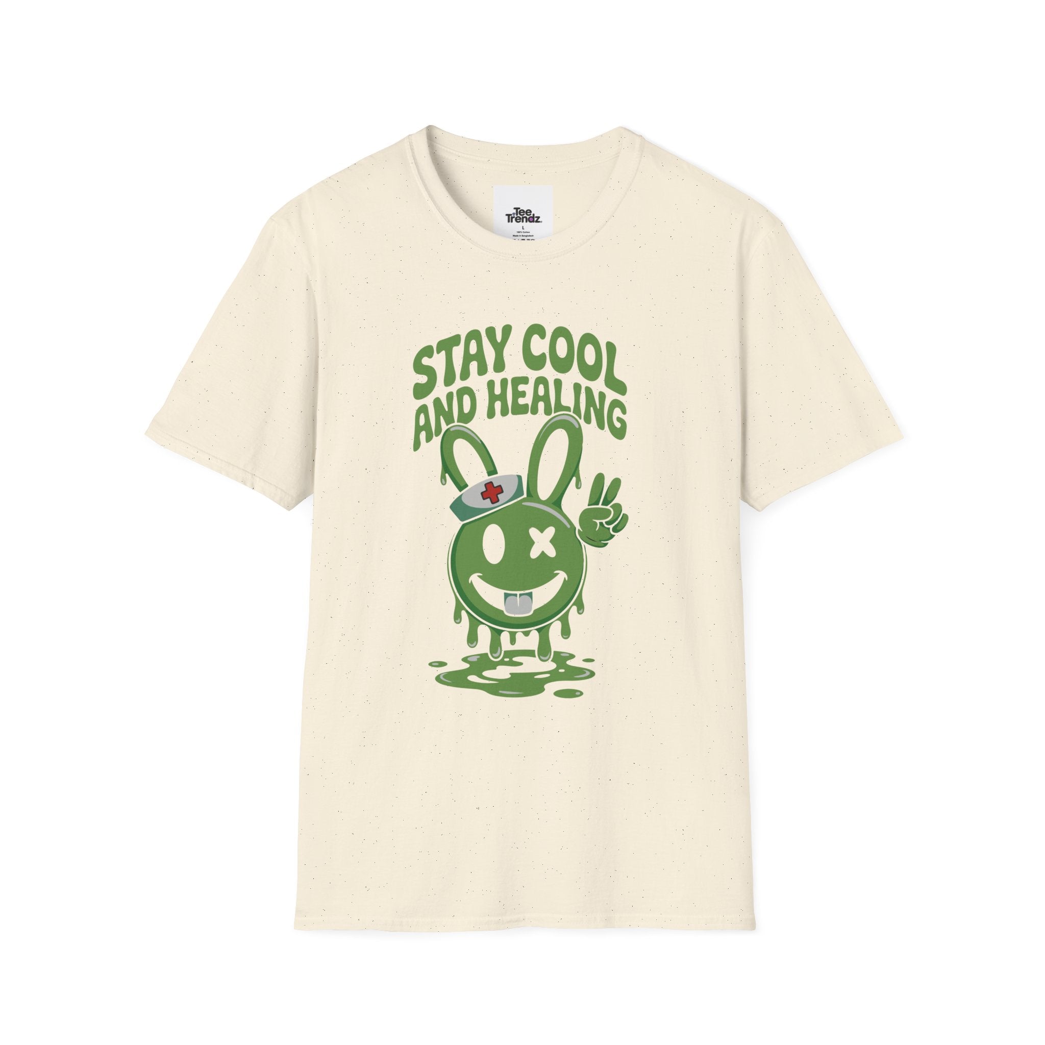 Stay Cool and Healing Graphic T-Shirt — Cute Green Bunny Peace Tee