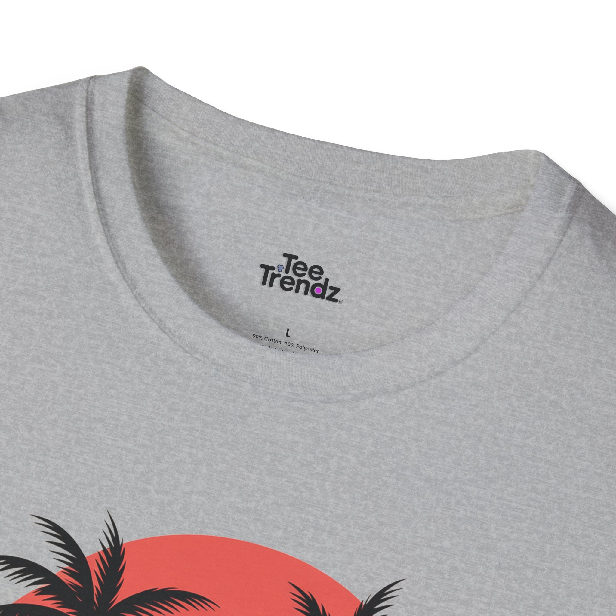 Beach Sunset T-Shirt — Couples Silhouette Palm Tree Graphic Tee (Vintage Rainbow Stripes)