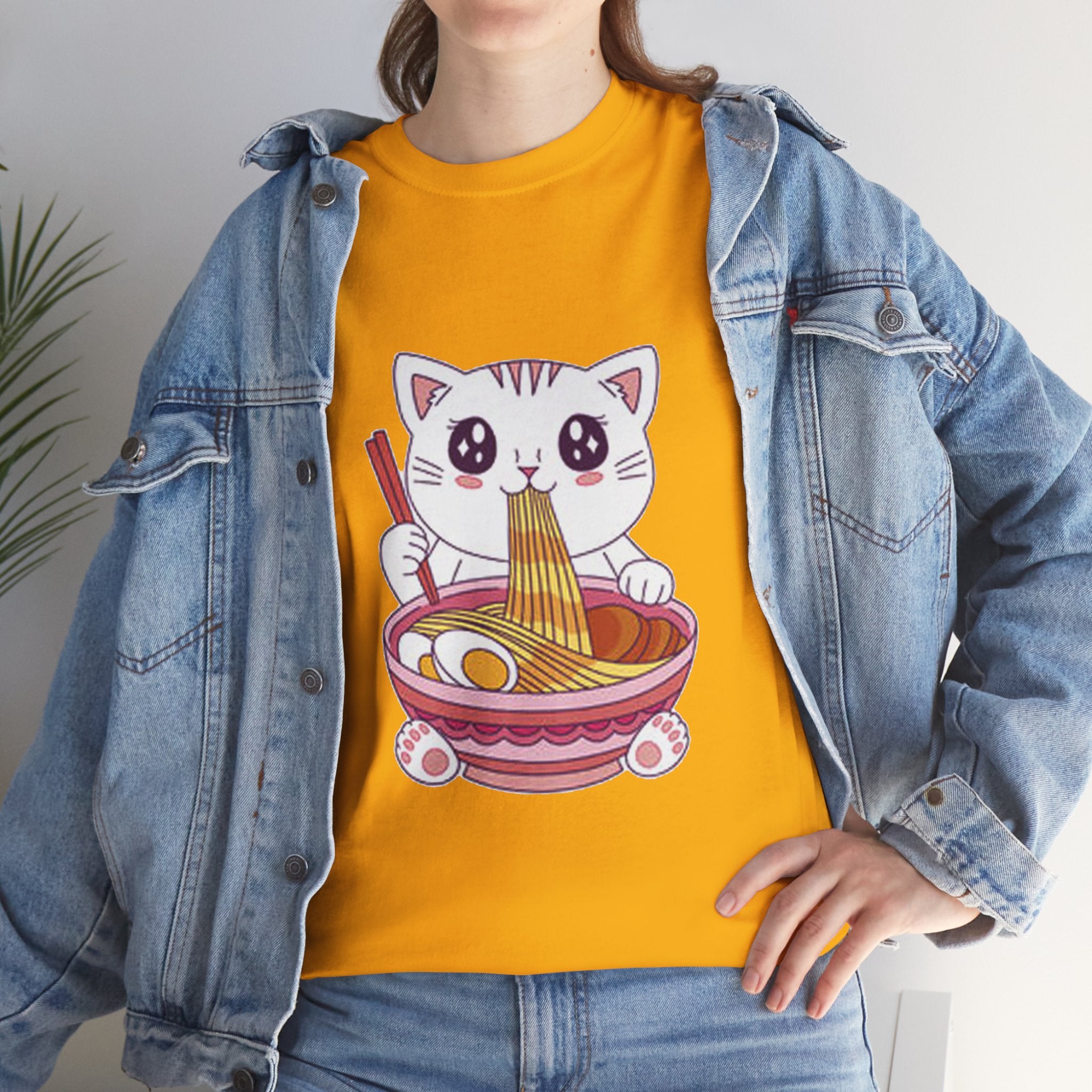 Cute Cat Ramen Tee – Kawaii Kitty Eating Noodles Graphic Shirt
