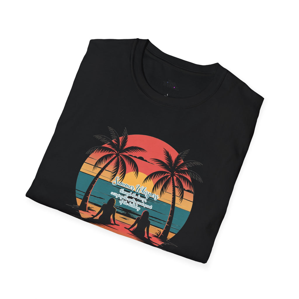 Beach Sunset T-Shirt — Couples Silhouette Palm Tree Graphic Tee (Vintage Rainbow Stripes)