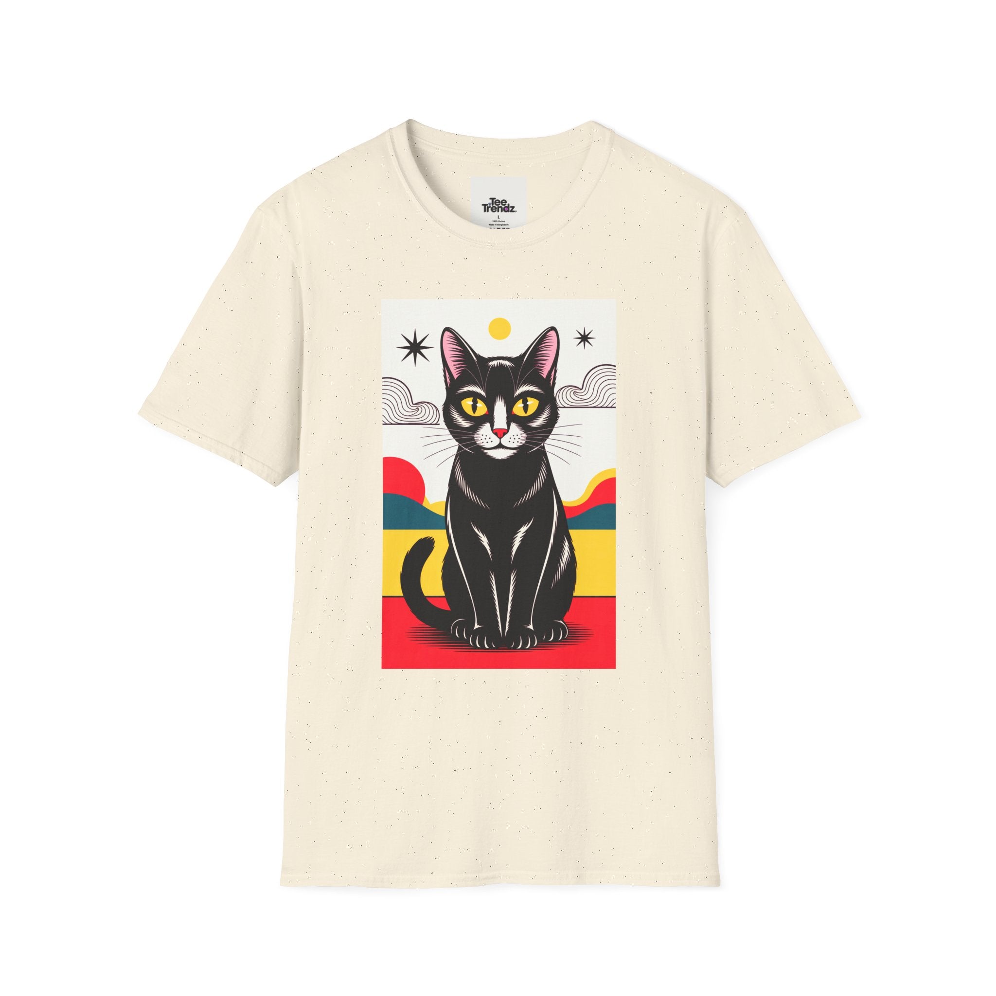 Black Cat Graphic T-Shirt — Retro Sunset Cat Illustration