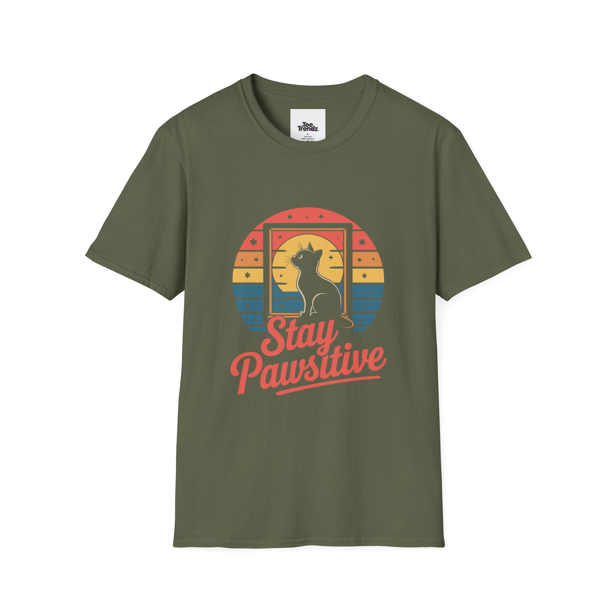 Stay Pawsitive Cat T-Shirt — Retro Rainbow Cat Graphic Tee