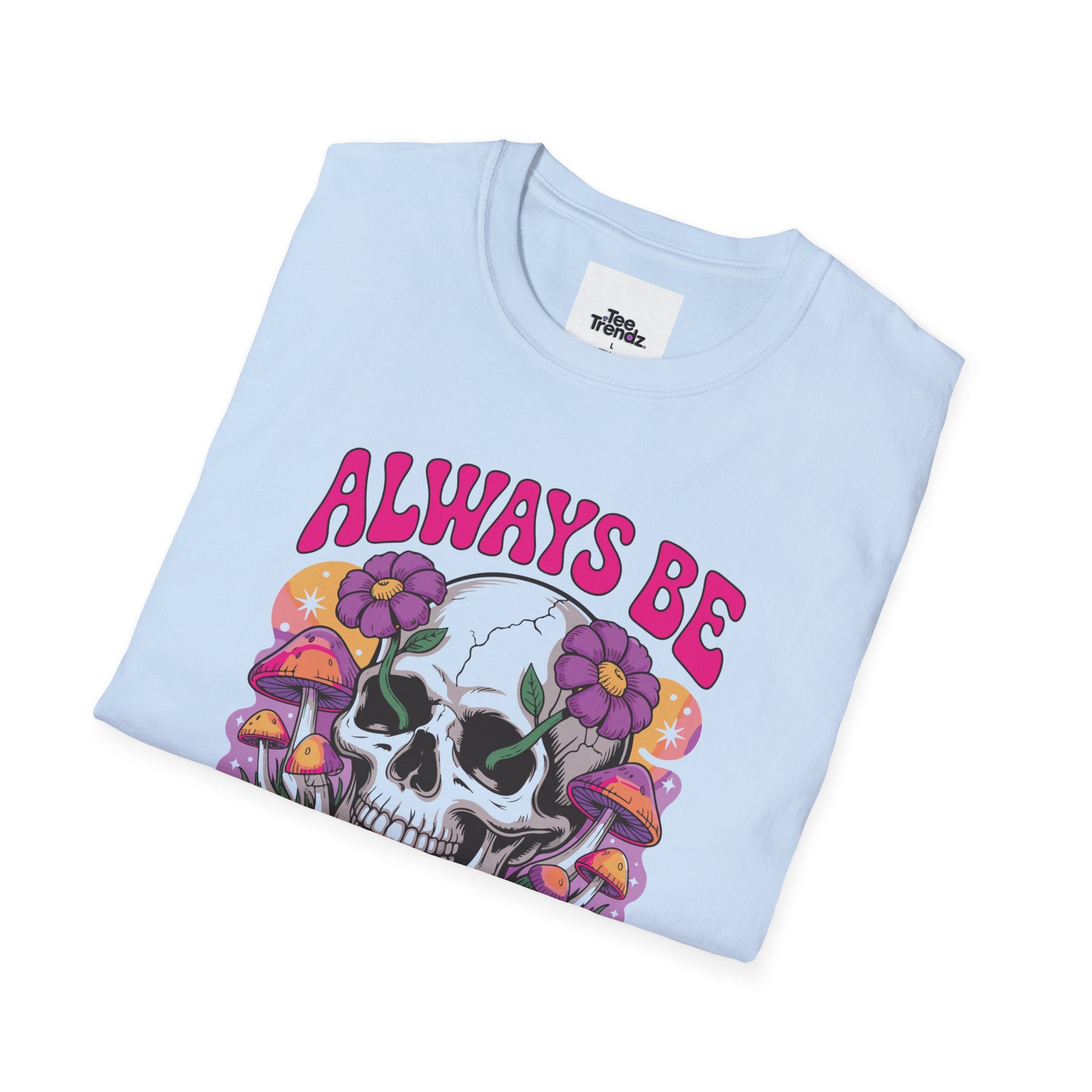 Skull & Mushrooms T-Shirt — "Always Be Weird" Retro Graphic Tee