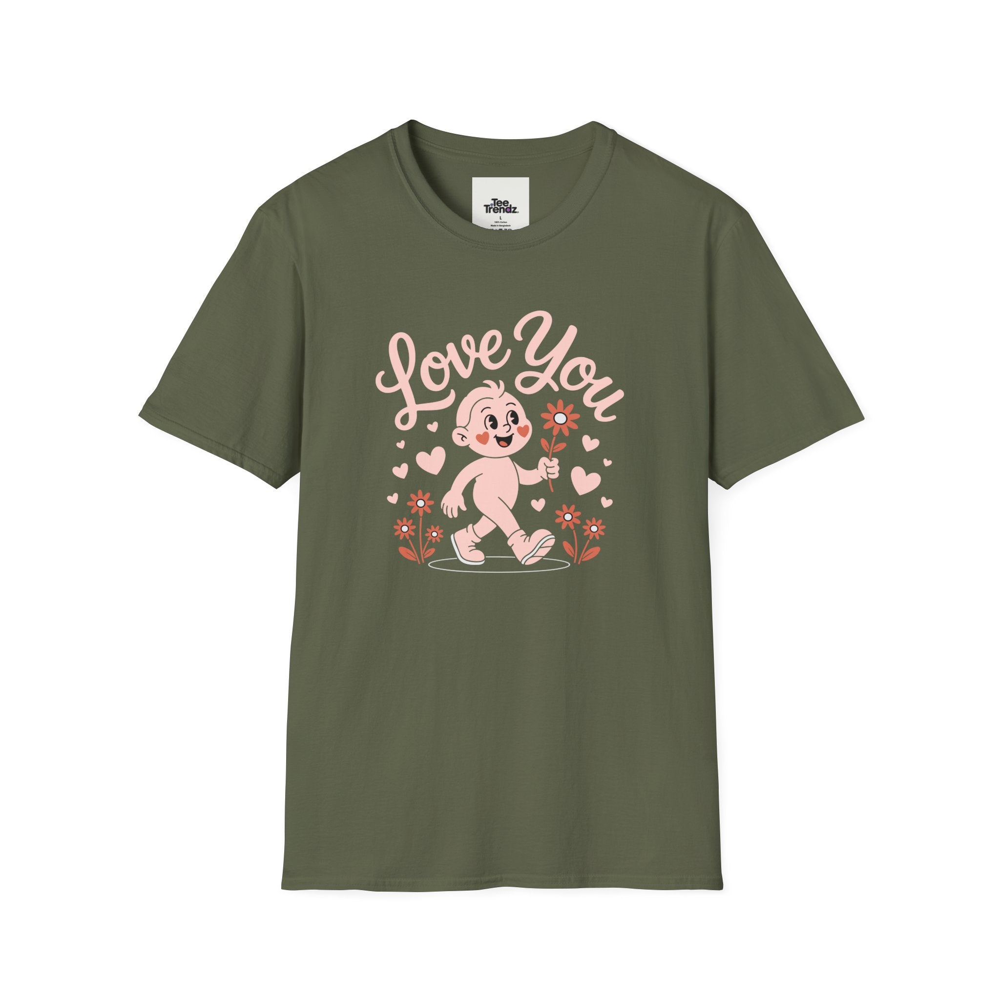 Love You Cute Character T-Shirt — Retro Pink Heart Cartoon Graphic Tee for Valentine’s Day