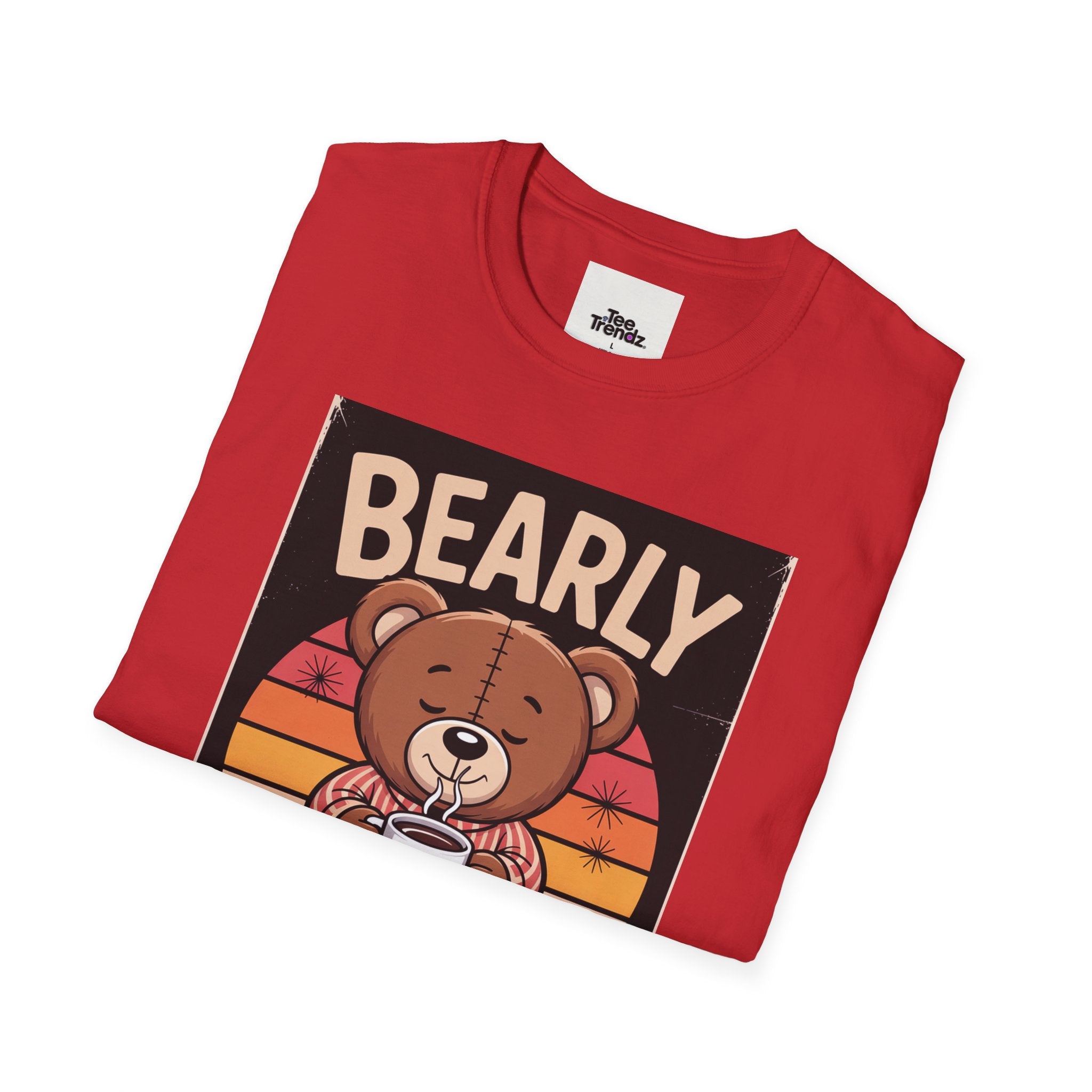 Bearly Awake T‑Shirt — Cute Coffee Bear Vintage Sunset Tee