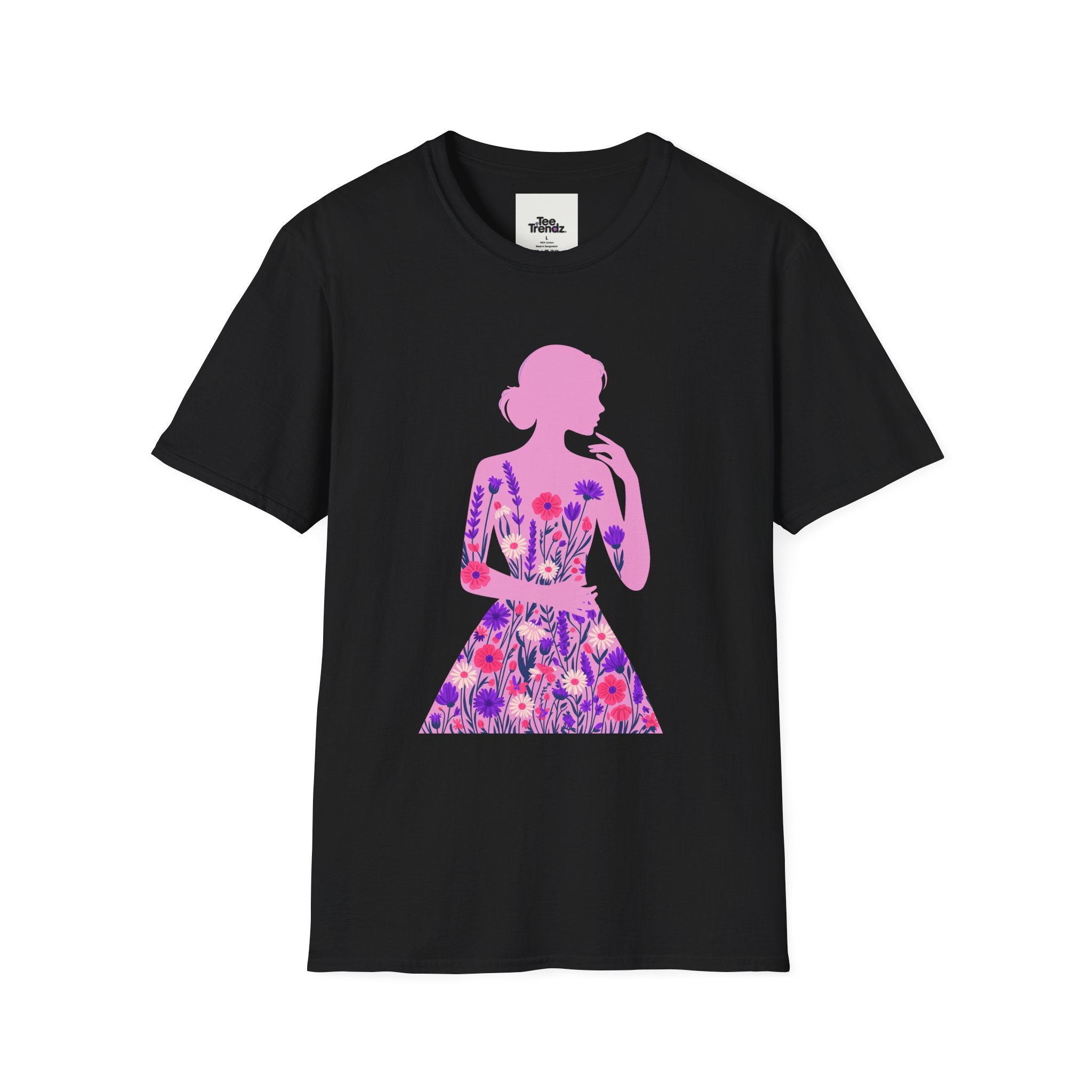 Floral Silhouette Tee — Pink Woman Dress Flower Graphic T-Shirt