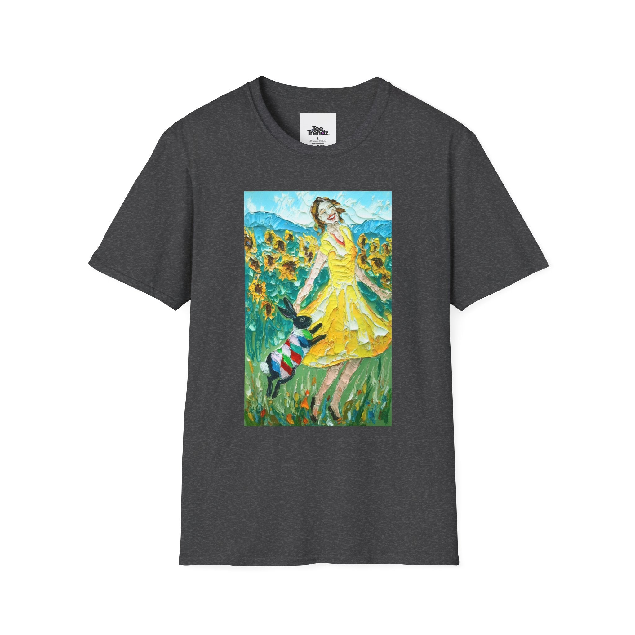 Sunflower Field Dress T-Shirt — Whimsical Girl & Dog Art Tee