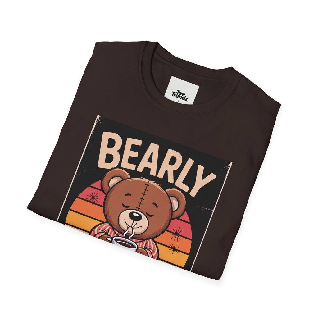 Bearly Awake T‑Shirt — Cute Coffee Bear Vintage Sunset Tee