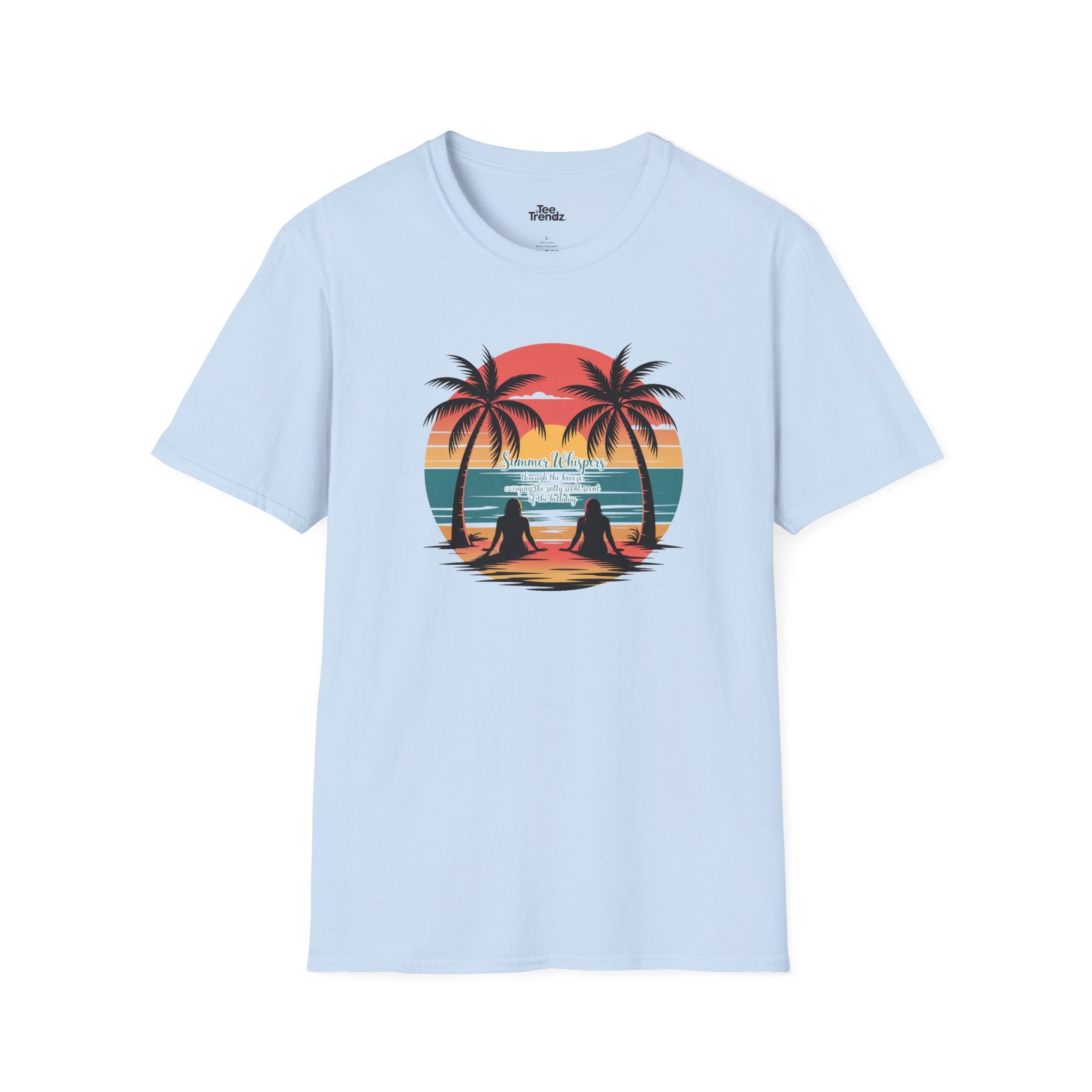 Beach Sunset T-Shirt — Couples Silhouette Palm Tree Graphic Tee (Vintage Rainbow Stripes)