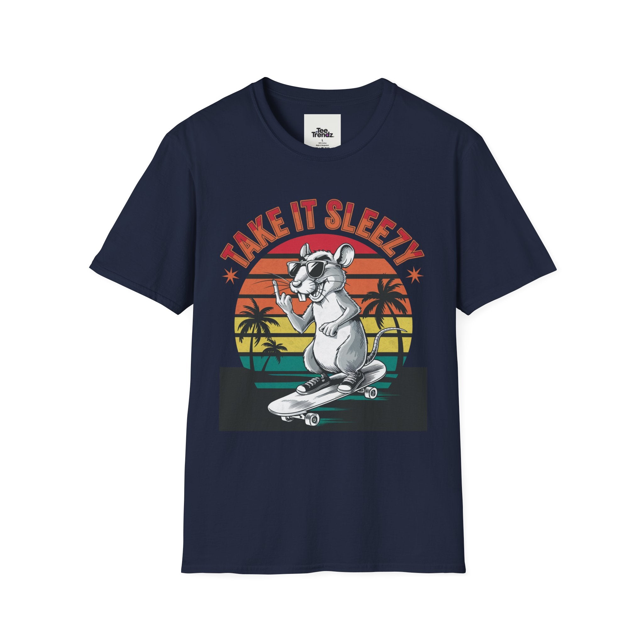 Take It Sleazy Skateboard Rat T-Shirt — Retro Sunset Beach Graphic Tee
