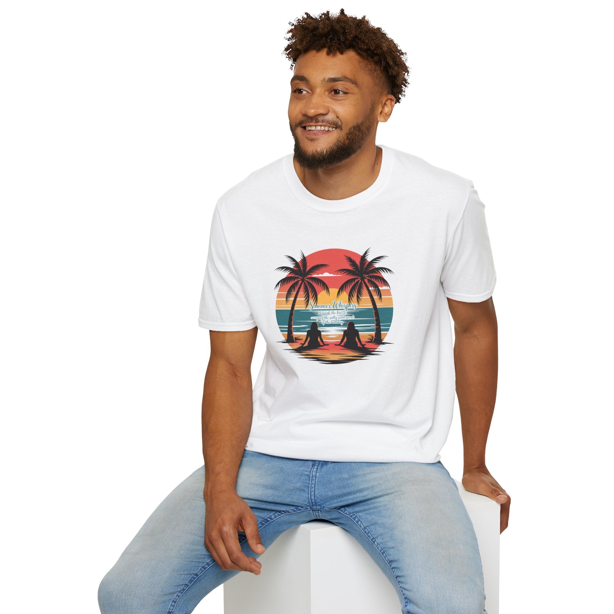 Beach Sunset T-Shirt — Couples Silhouette Palm Tree Graphic Tee (Vintage Rainbow Stripes)