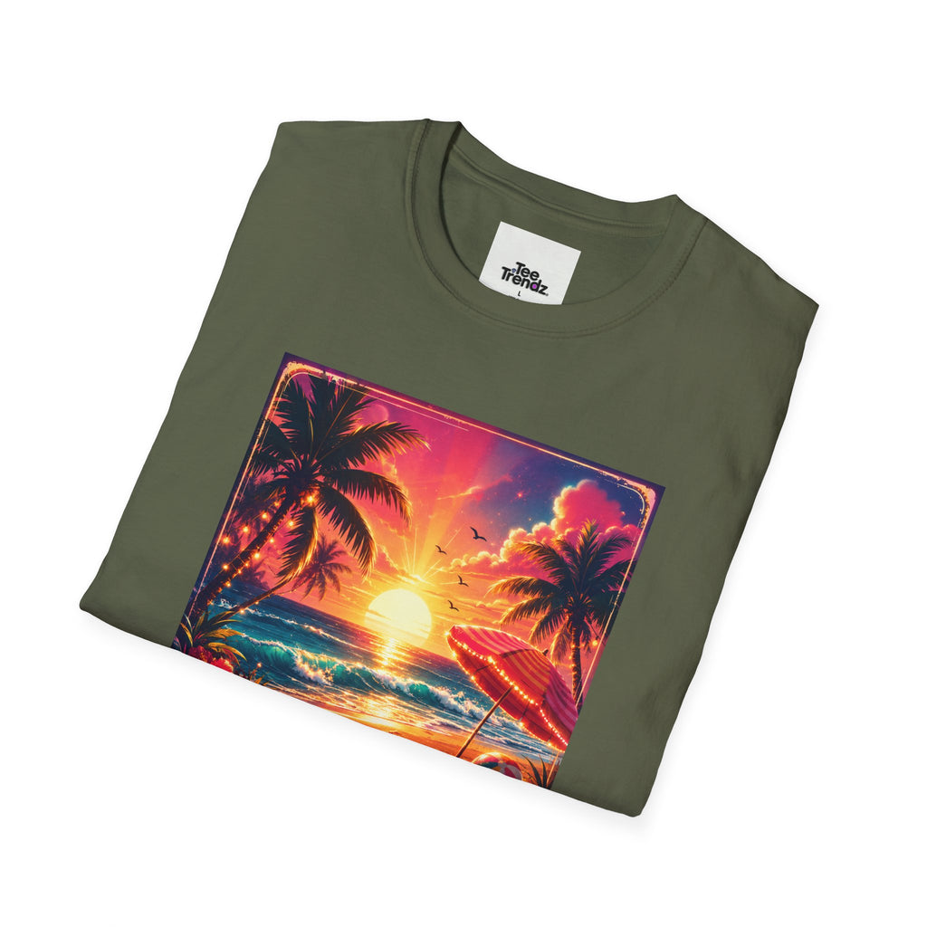 Summer Never Ends T-Shirt — Retro Tropical Sunset Beach Tee