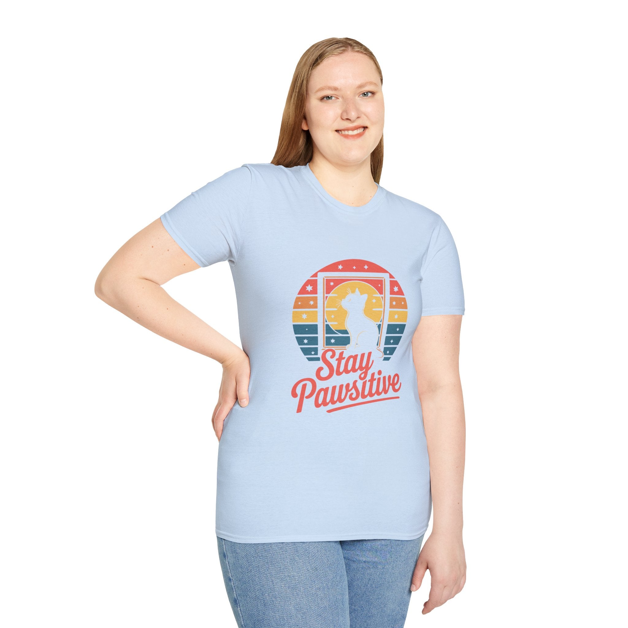 Stay Pawsitive Cat T-Shirt — Retro Rainbow Cat Graphic Tee