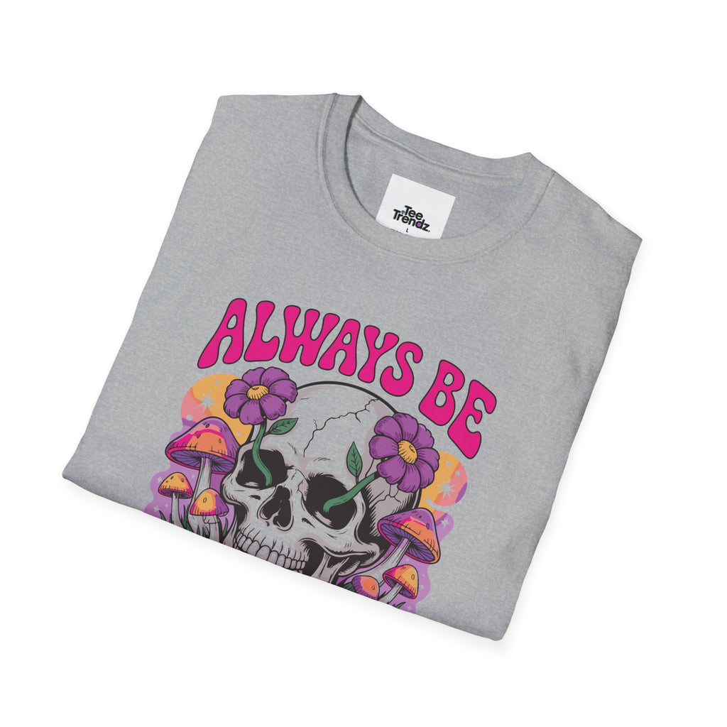Skull & Mushrooms T-Shirt — "Always Be Weird" Retro Graphic Tee