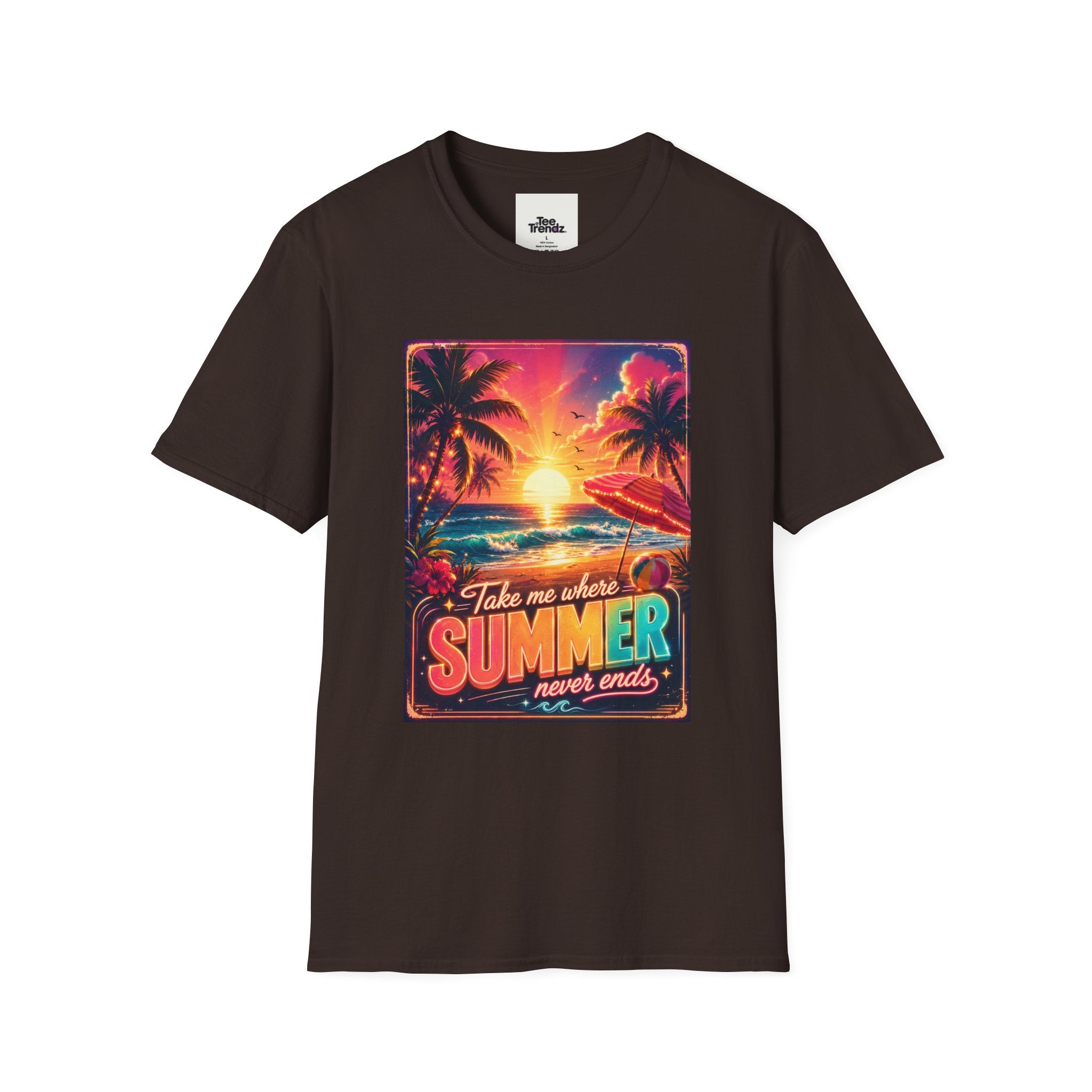 Summer Never Ends T-Shirt — Retro Tropical Sunset Beach Tee
