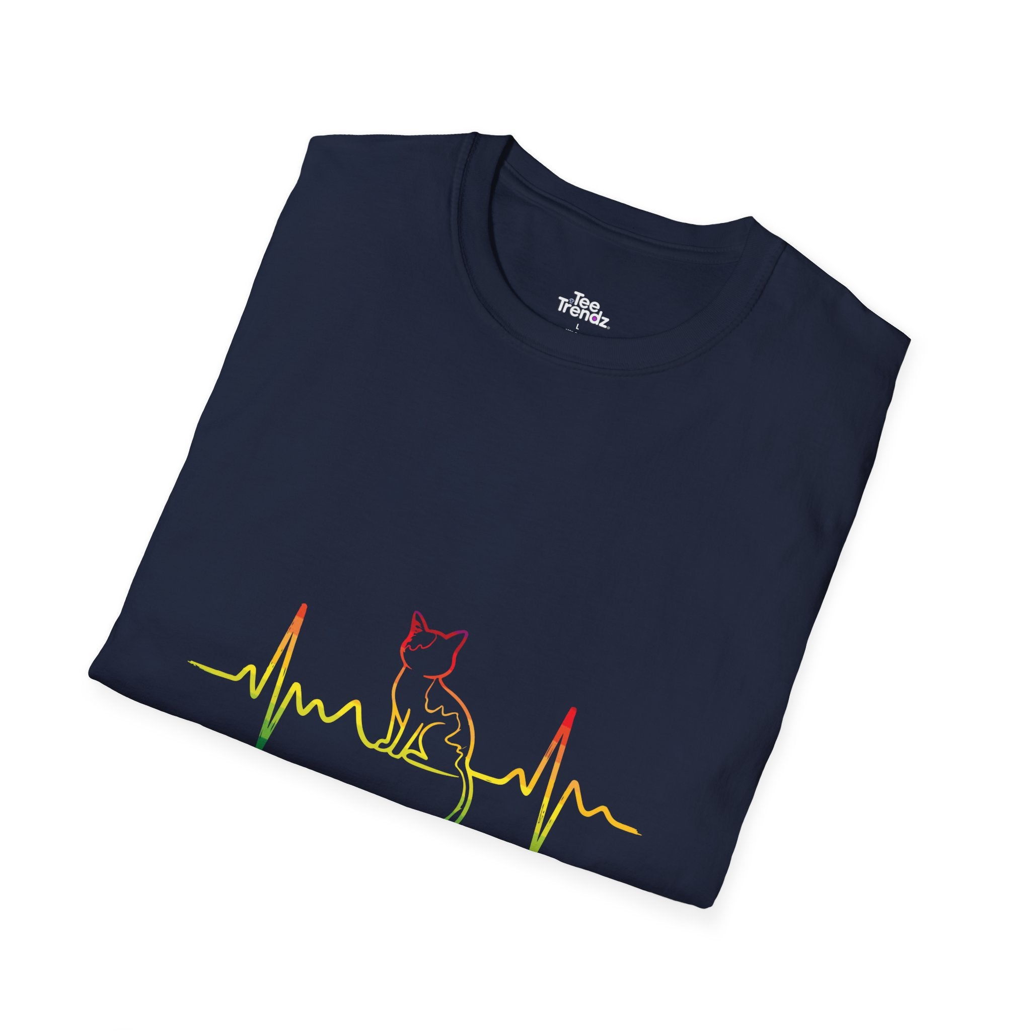 Cat Heartbeat T-Shirt — Rasta Outline Cat EKG Tee