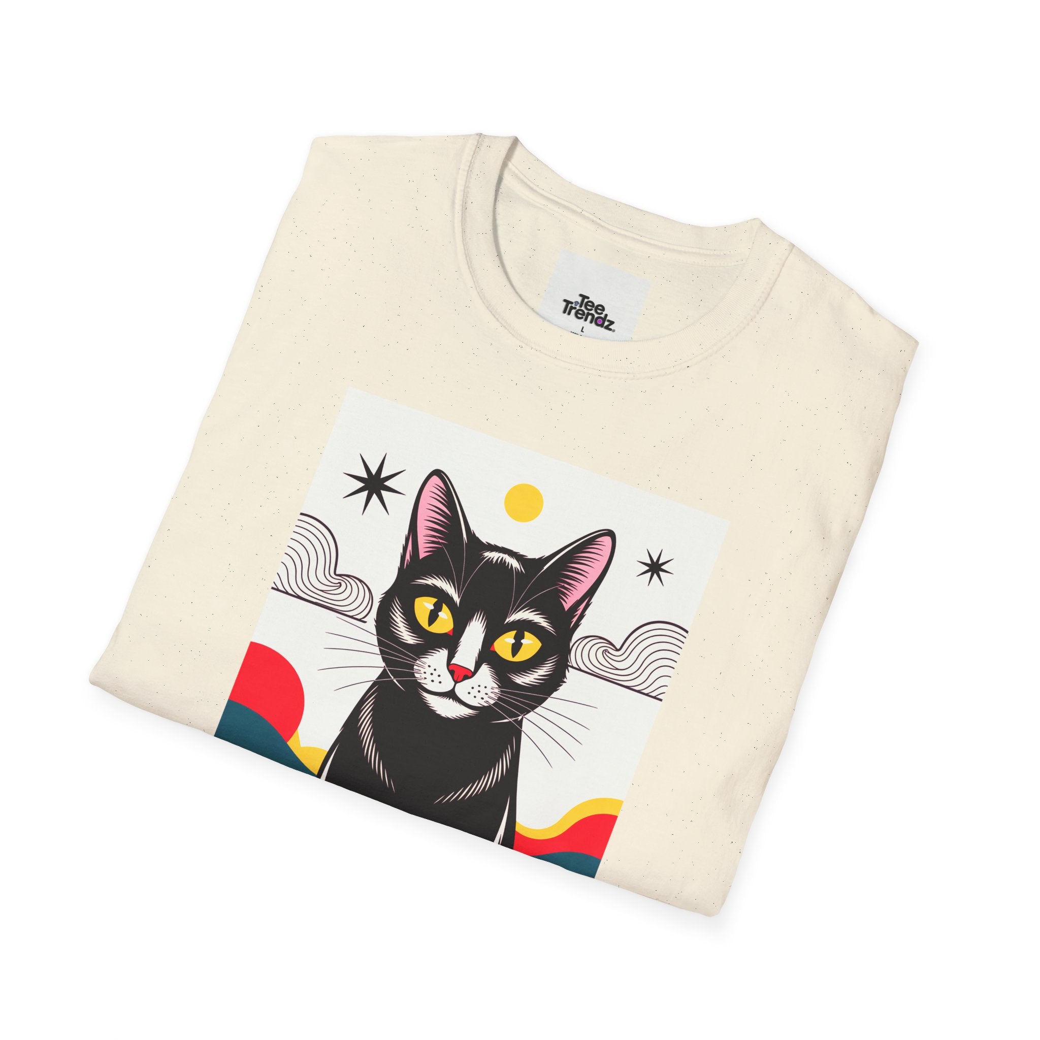 Black Cat Graphic T-Shirt — Retro Sunset Cat Illustration