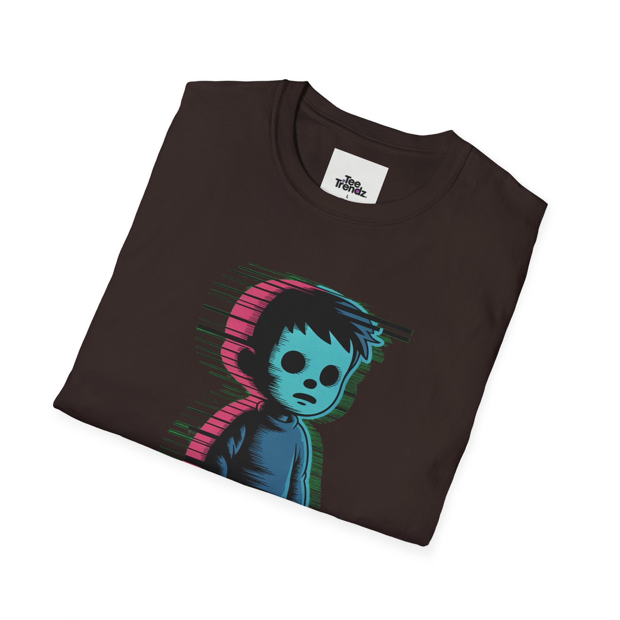 Glitch Kid Graphic T-Shirt — Retro Neon Horror Cute Tee