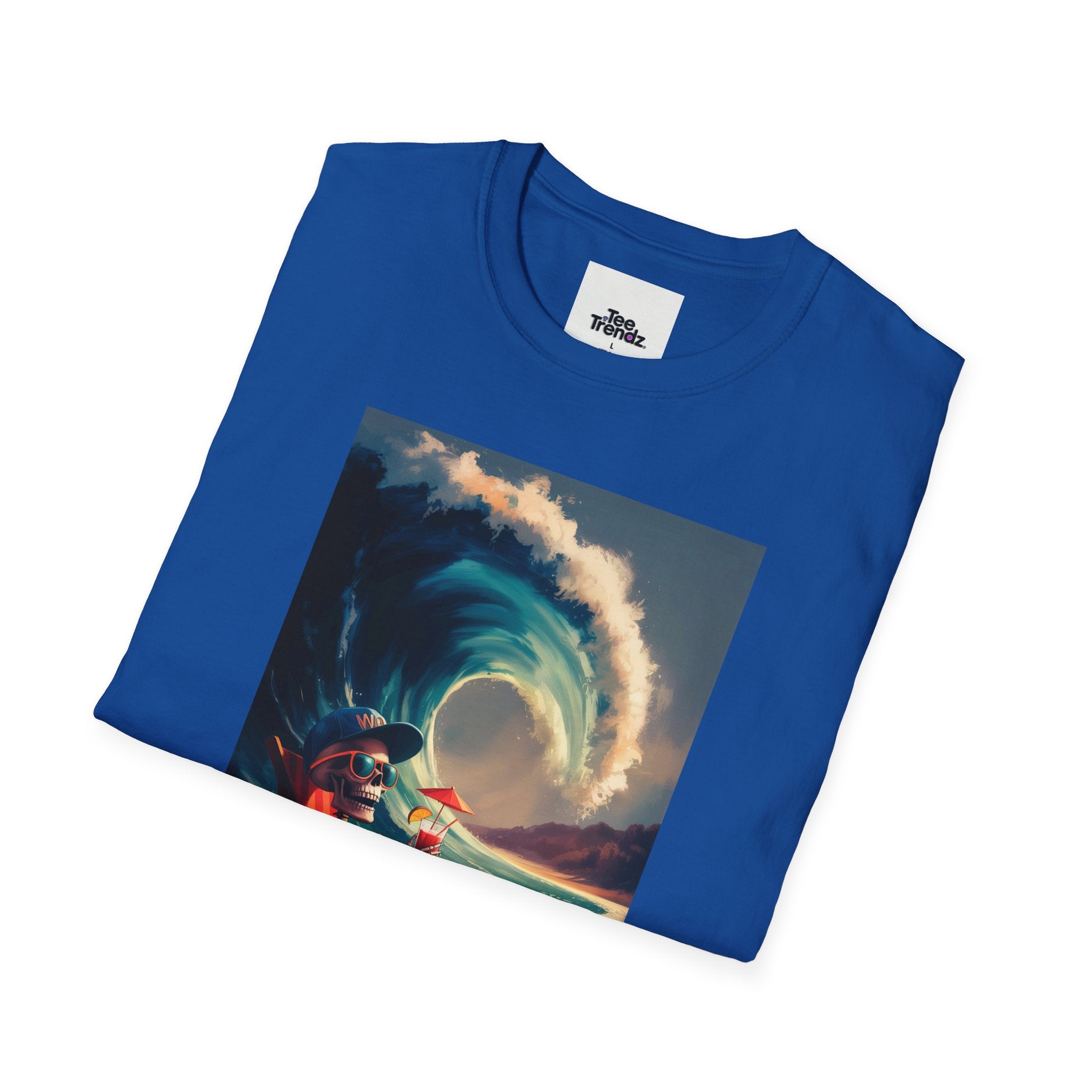 T-Shirt - Retro Beach Surf Scene with Giant Wave and Relaxing Skeleton (Vintage Coastal Vibe)