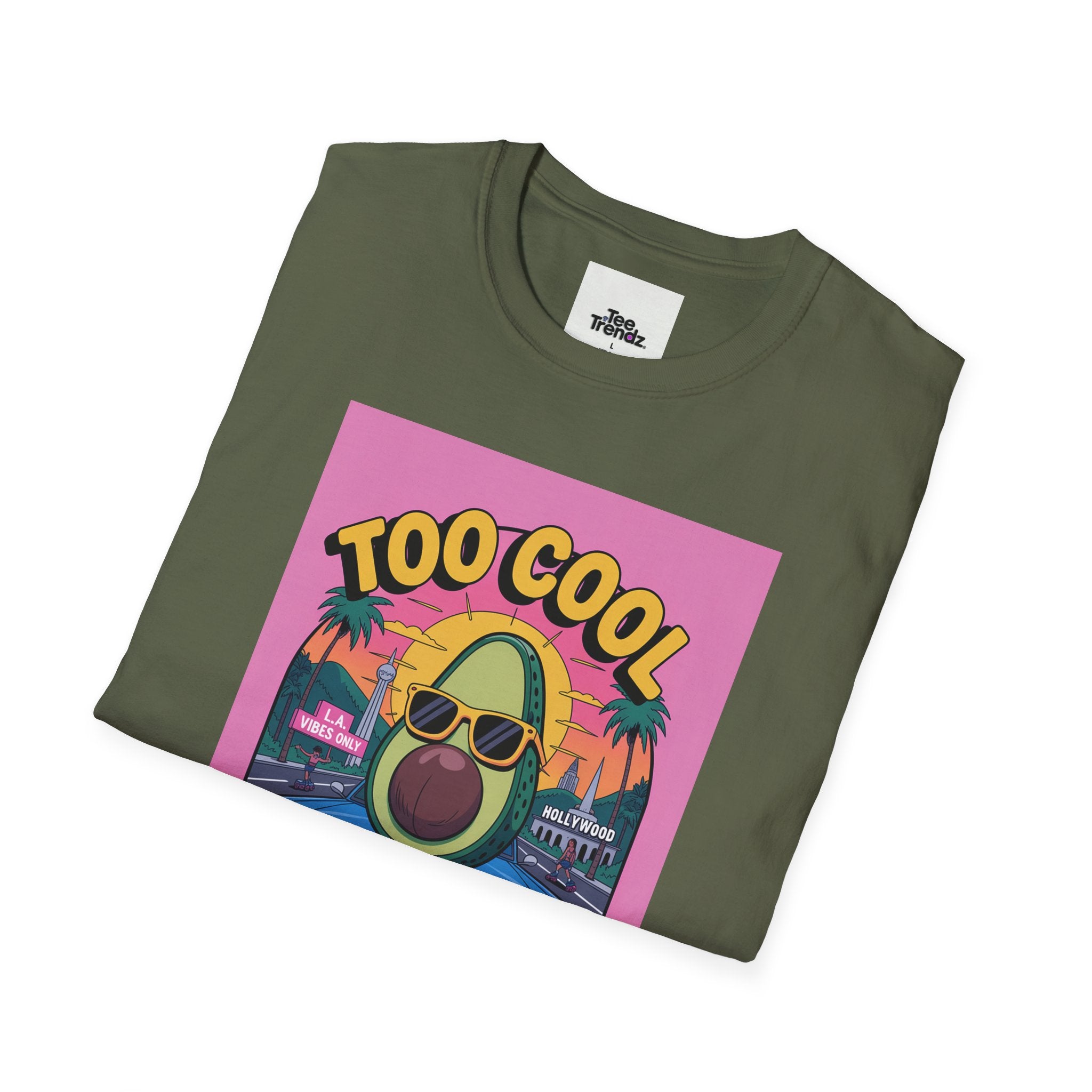 Too Cool for Traffic Avocado Tee — Retro Beach Car Graphic T-Shirt