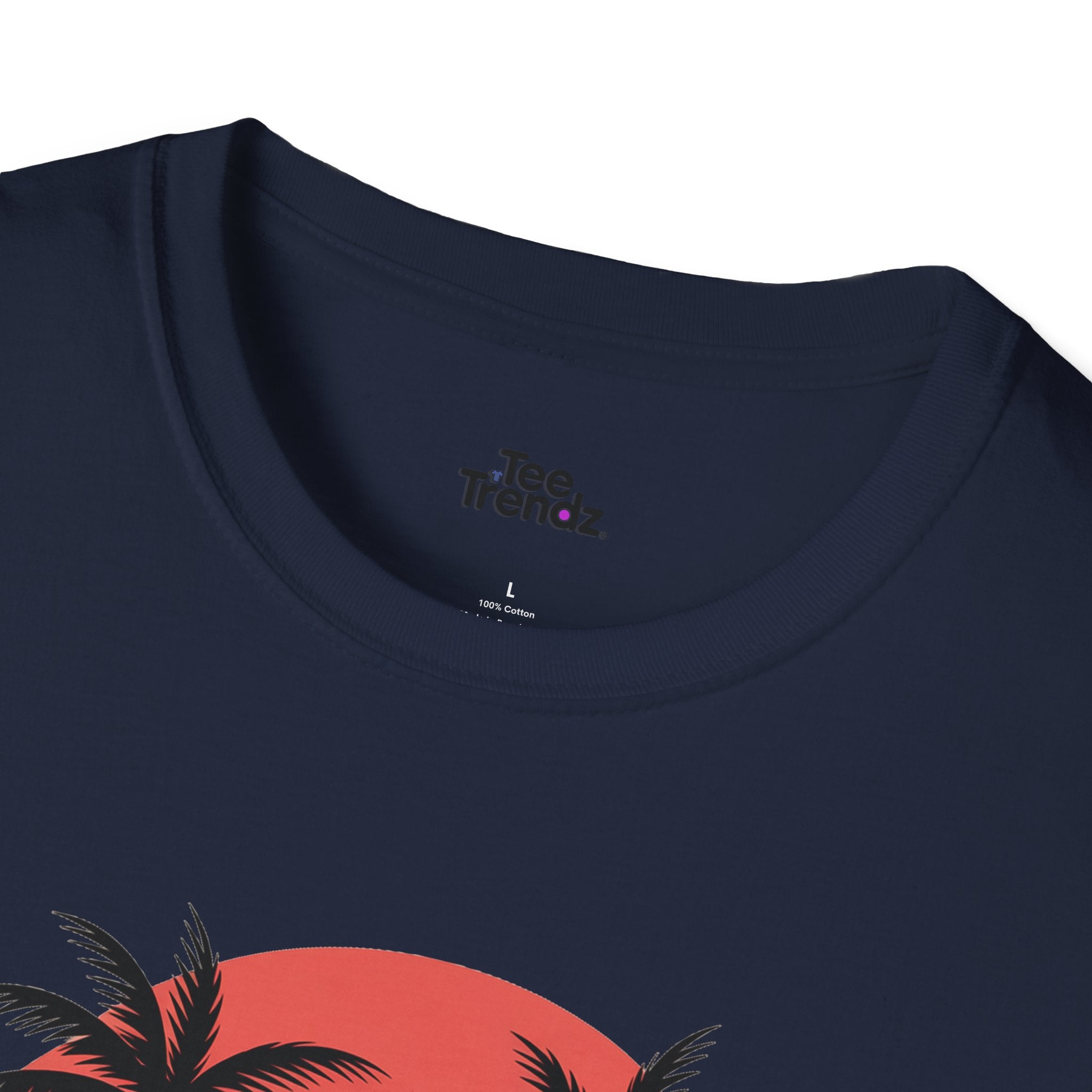 Beach Sunset T-Shirt — Couples Silhouette Palm Tree Graphic Tee (Vintage Rainbow Stripes)