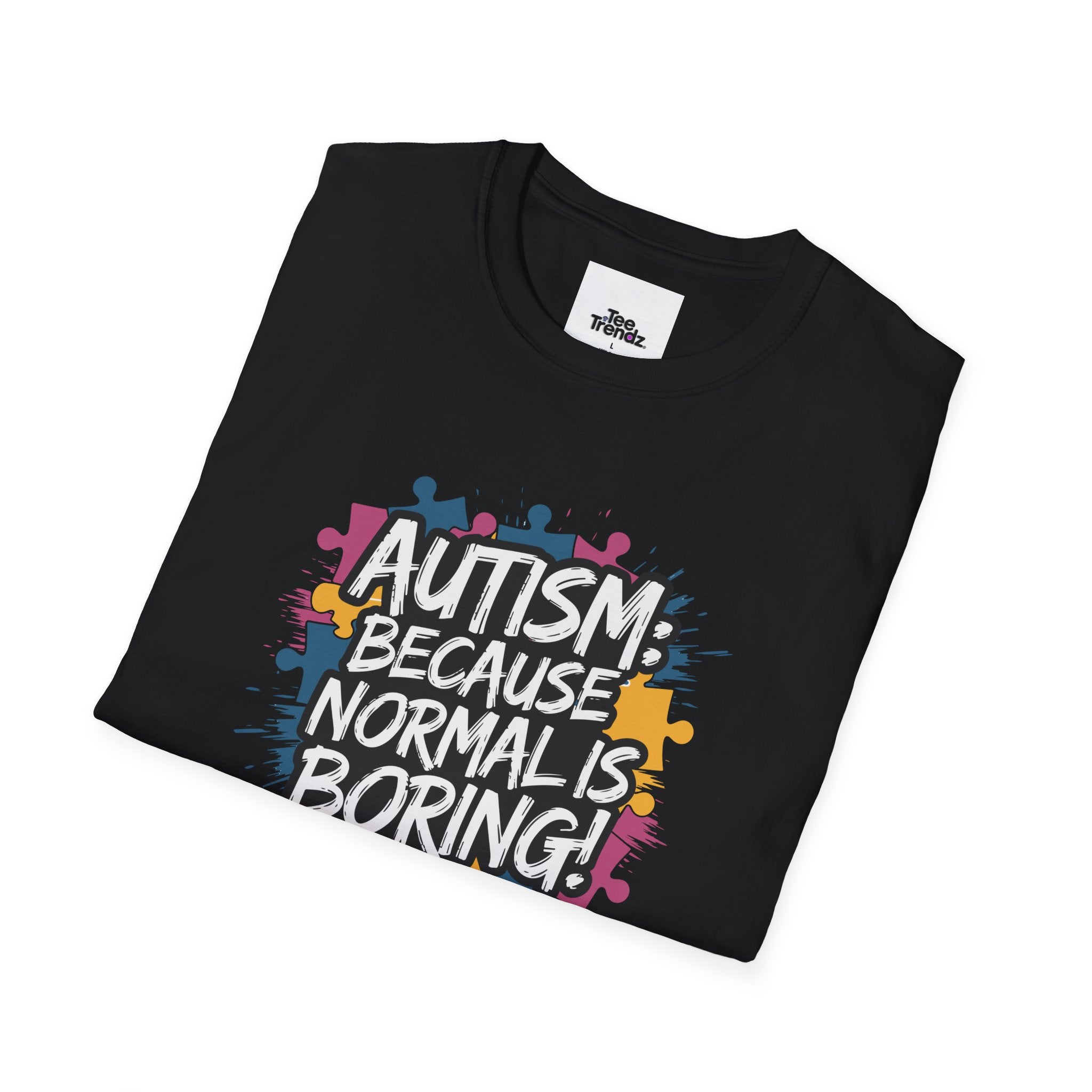 Autism Because Normal Is Boring T-Shirt — Colorful Puzzle Piece Awareness Tee
