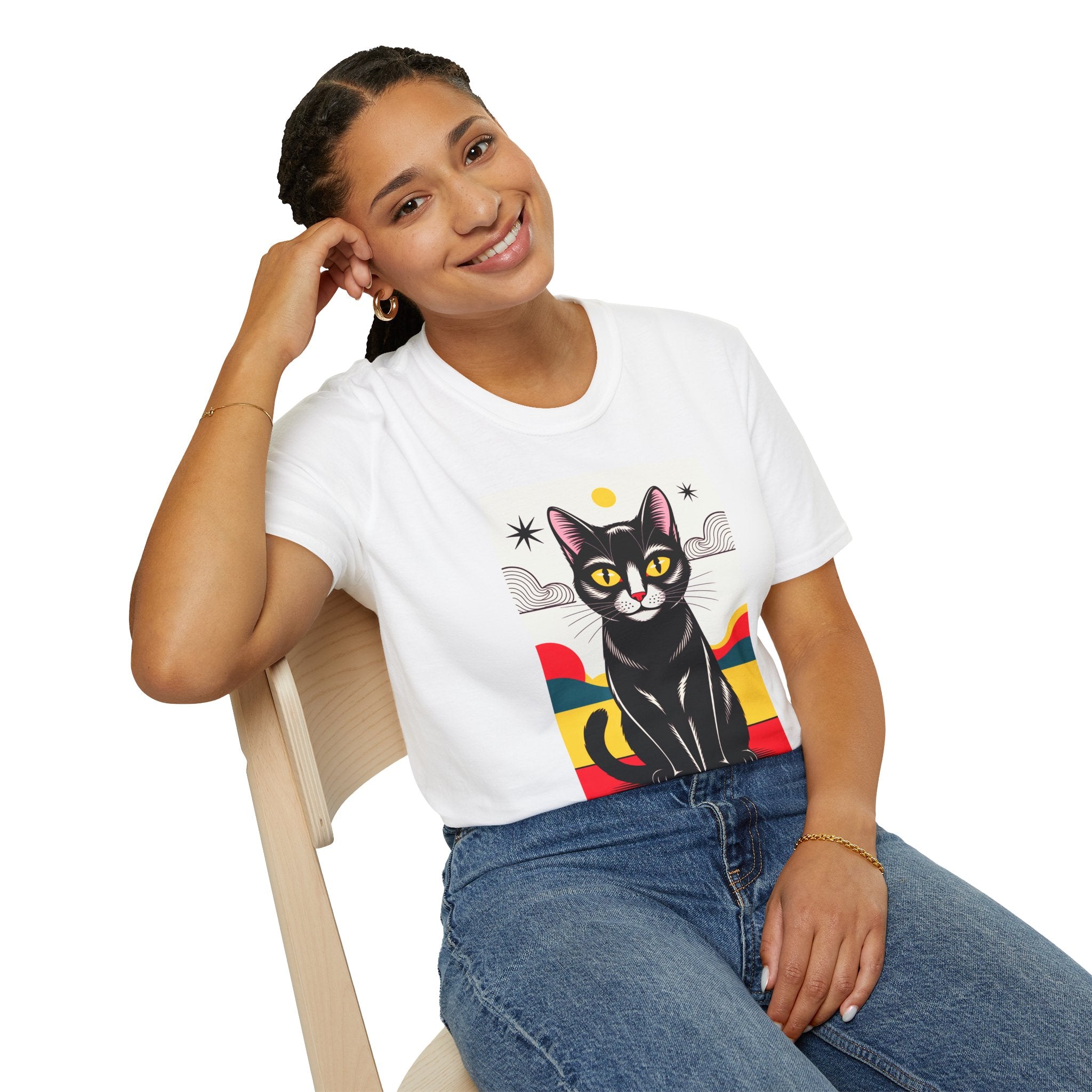 Black Cat Graphic T-Shirt — Retro Sunset Cat Illustration