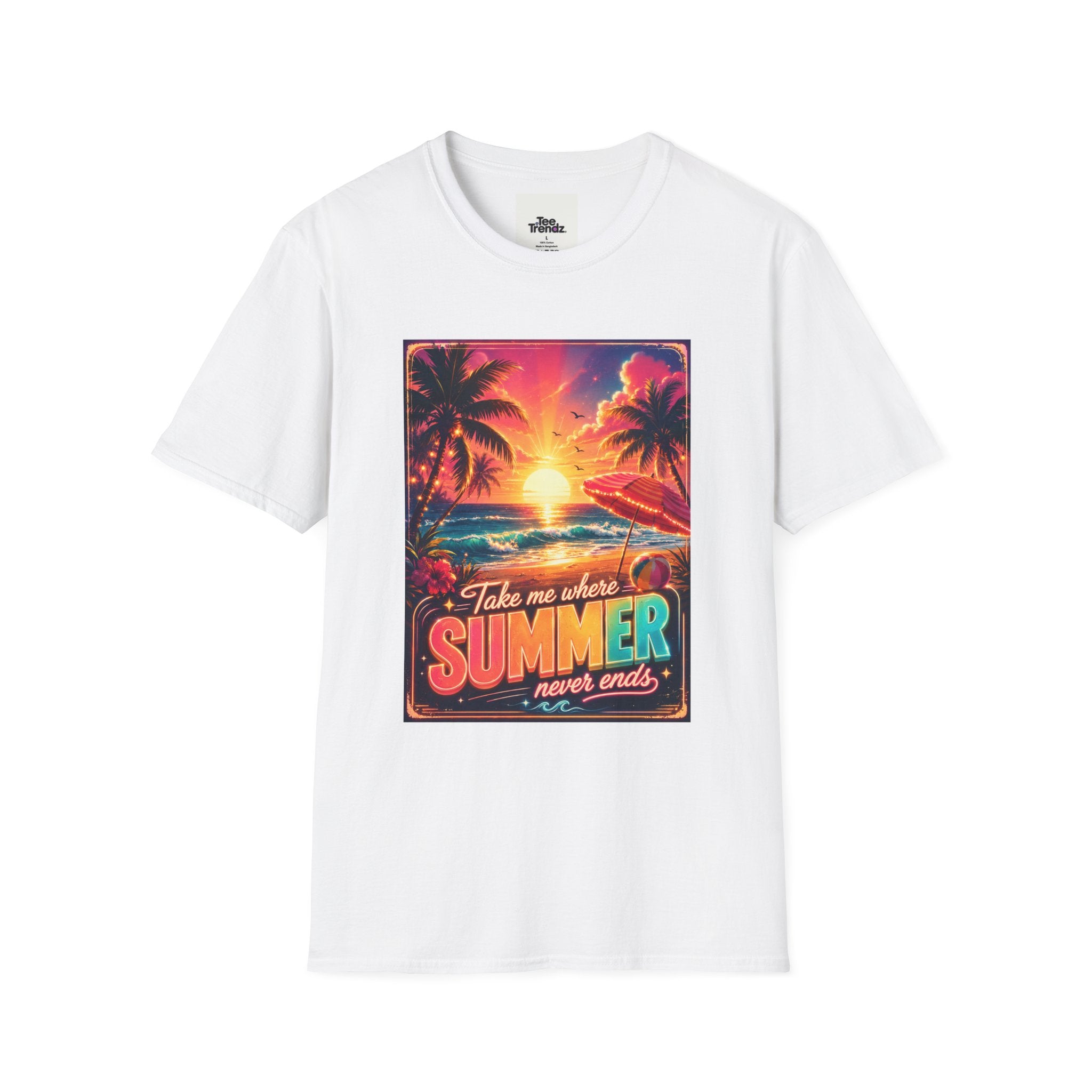 Summer Never Ends T-Shirt — Retro Tropical Sunset Beach Tee